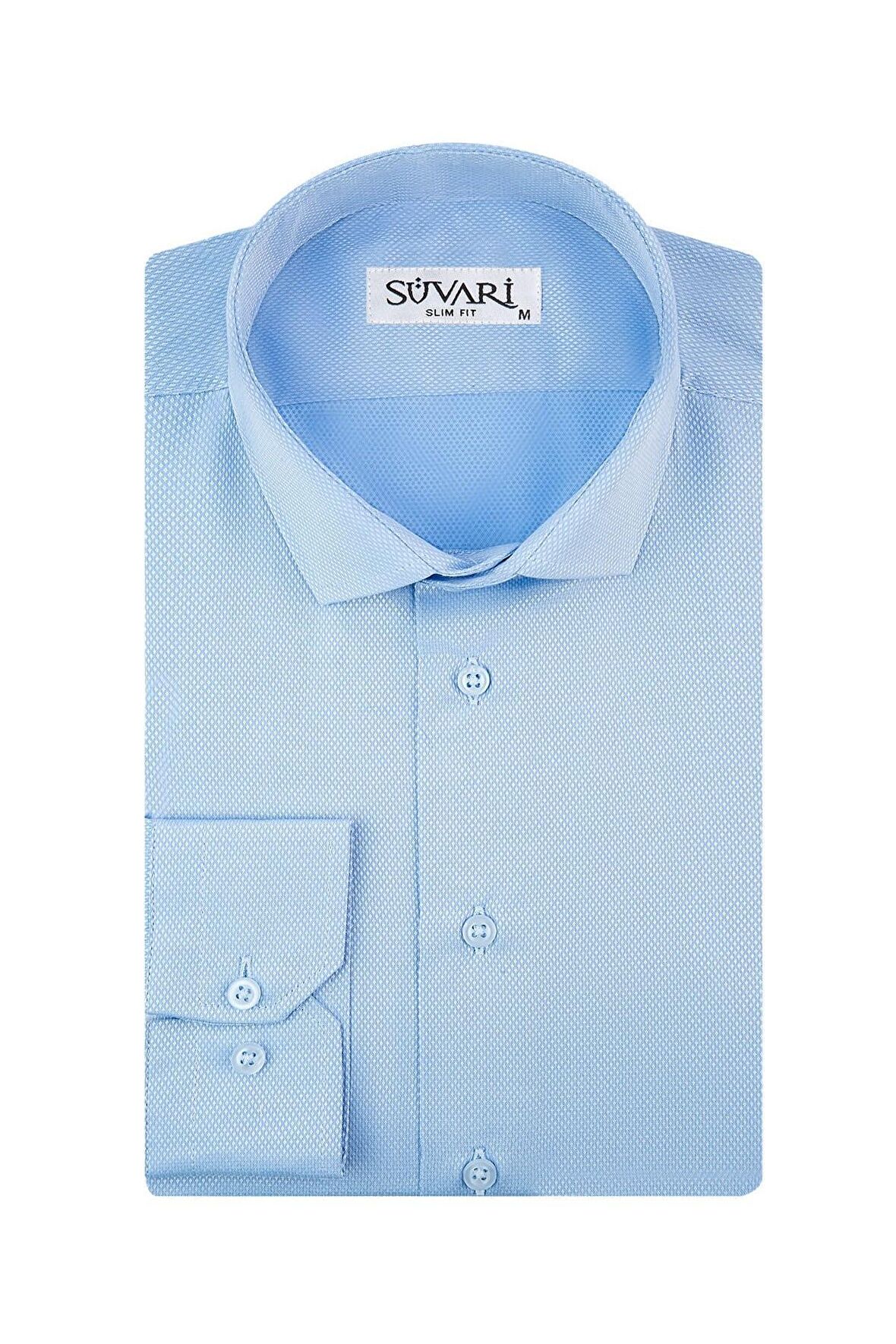 Süvari Slim Fit Armür Desenli Soluk Mavi Erkek Gömlek