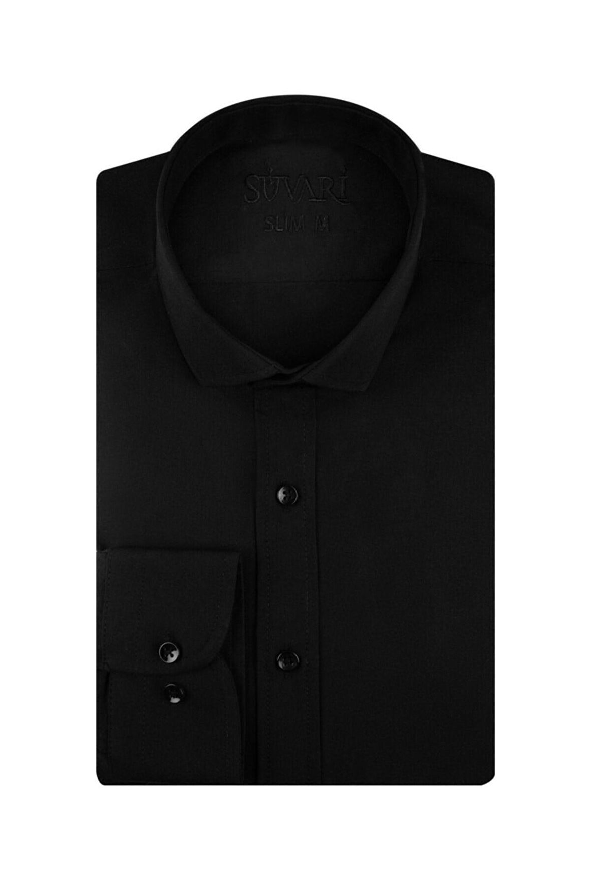 Süvari Slim Fit Düz Siyah Erkek Gömlek