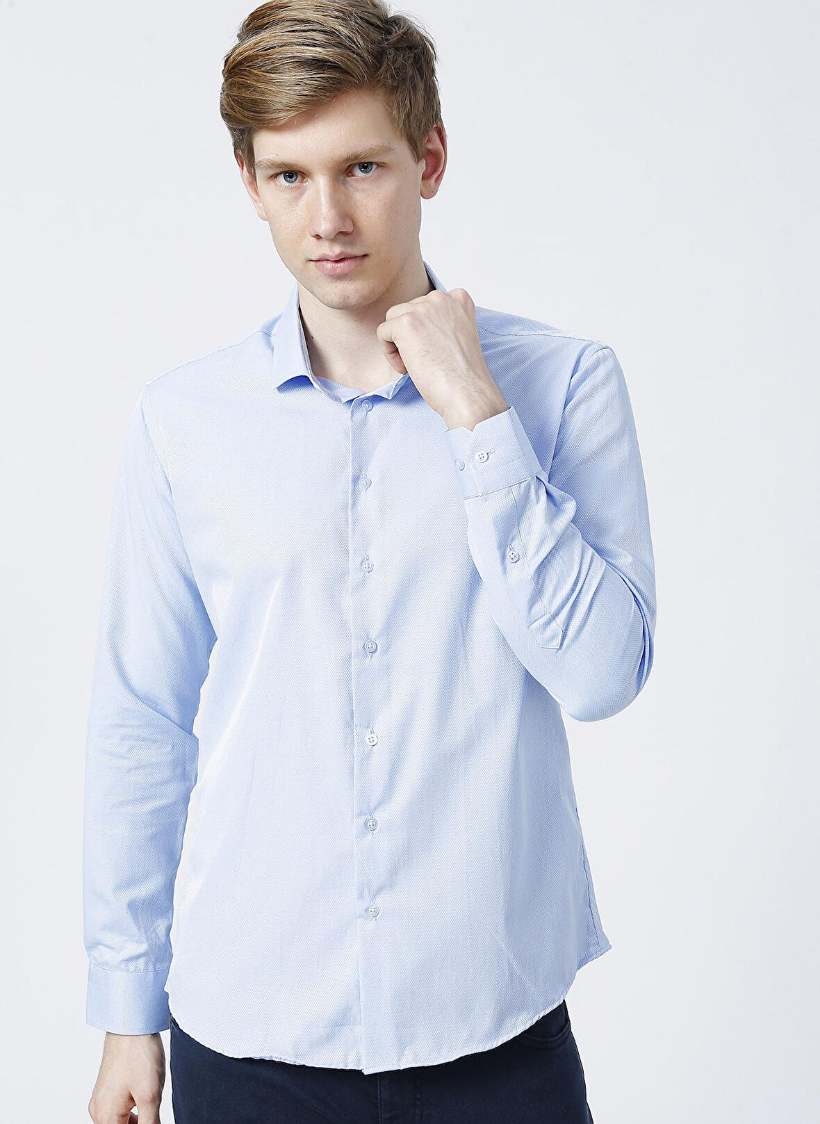 Süvari Gm2024700271 Klasik Yaka Slim Fit Armürlü Mavi Erkek Gömlek