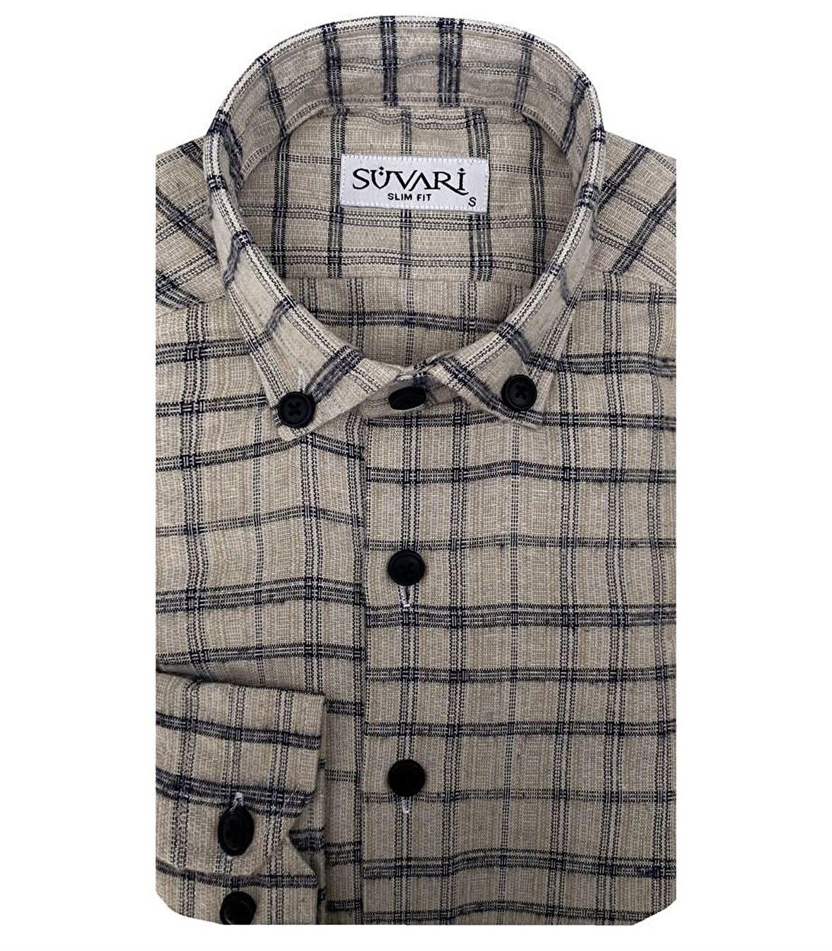 Süvari Slim Fit Desenli Flanel Uzun Bej Erkek Gömlek