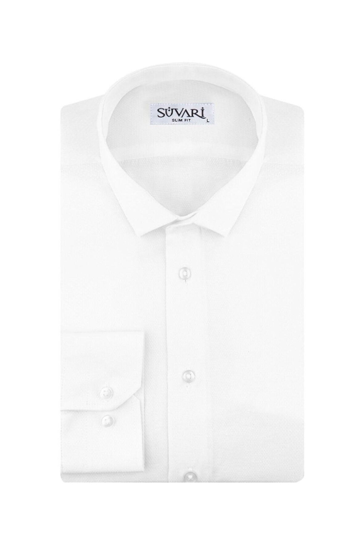 Süvari Slim Fit Armür Desenli Beyaz Erkek Gömlek
