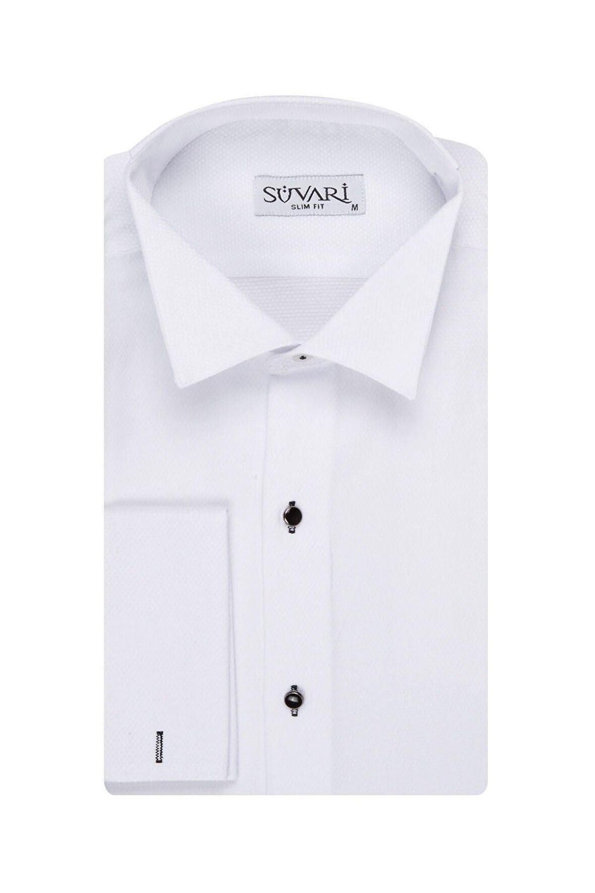 Slim Fit Ata Yaka Siyah Düğmeli Beyaz Erkek Smokin Gömlek