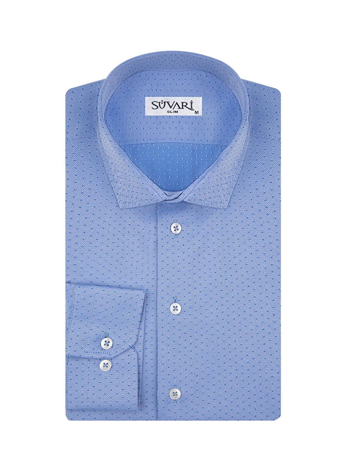 Süvari Slim Fit Armür Desenli Mavi Erkek Gömlek