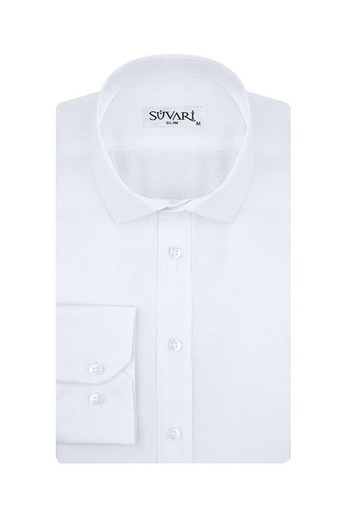 Süvari Slim Fit Armür Desenli Beyaz Erkek Gömlek