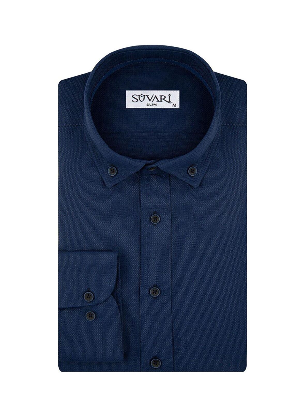 Slim Fit Armür Desenli Lacivert Erkek Gömlek
