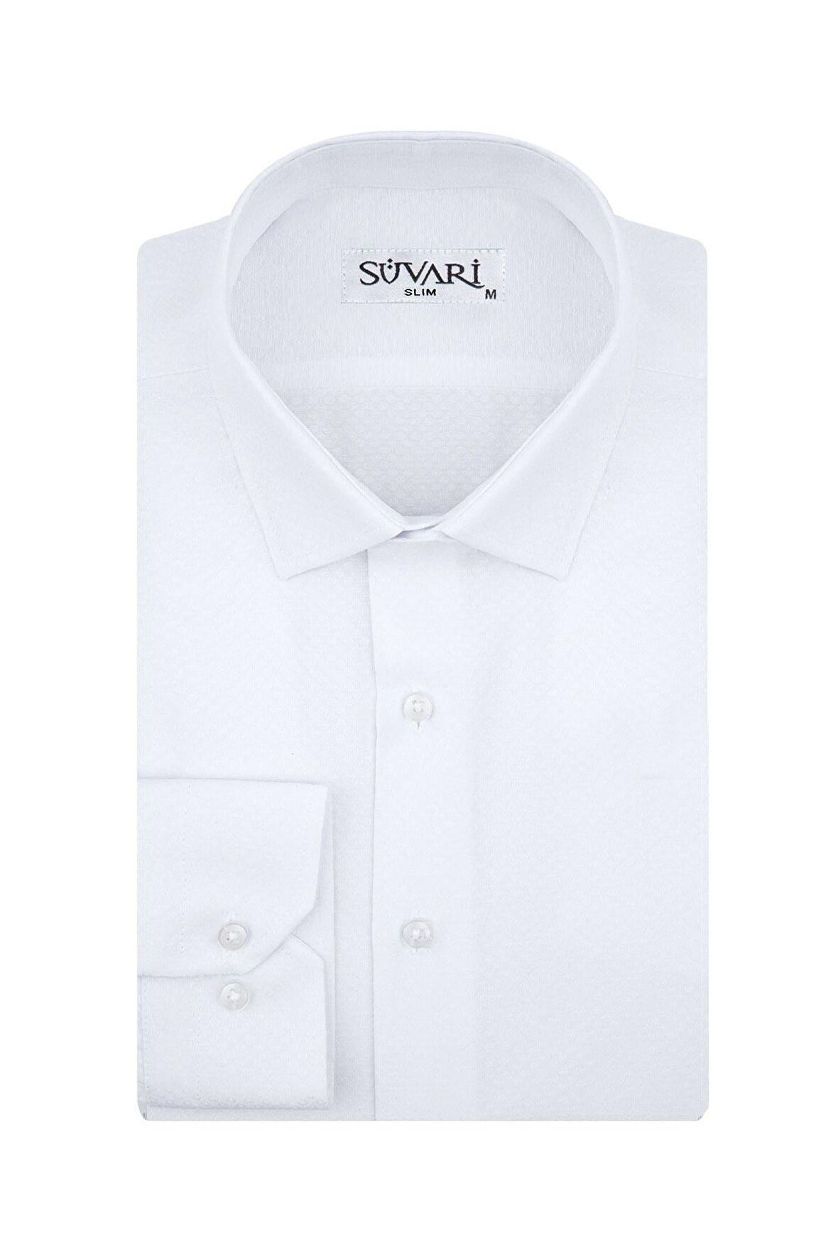 Süvari Slim Fit Armür Desenli Beyaz Erkek Gömlek