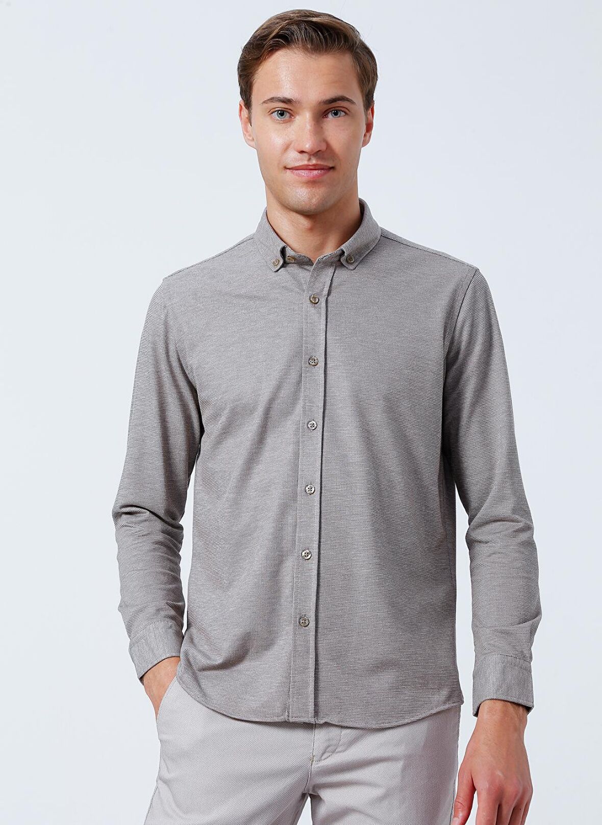 Süvari Slim Fit Klasik Yaka Jakarlı Kahve Erkek Gömlek GM2025500394