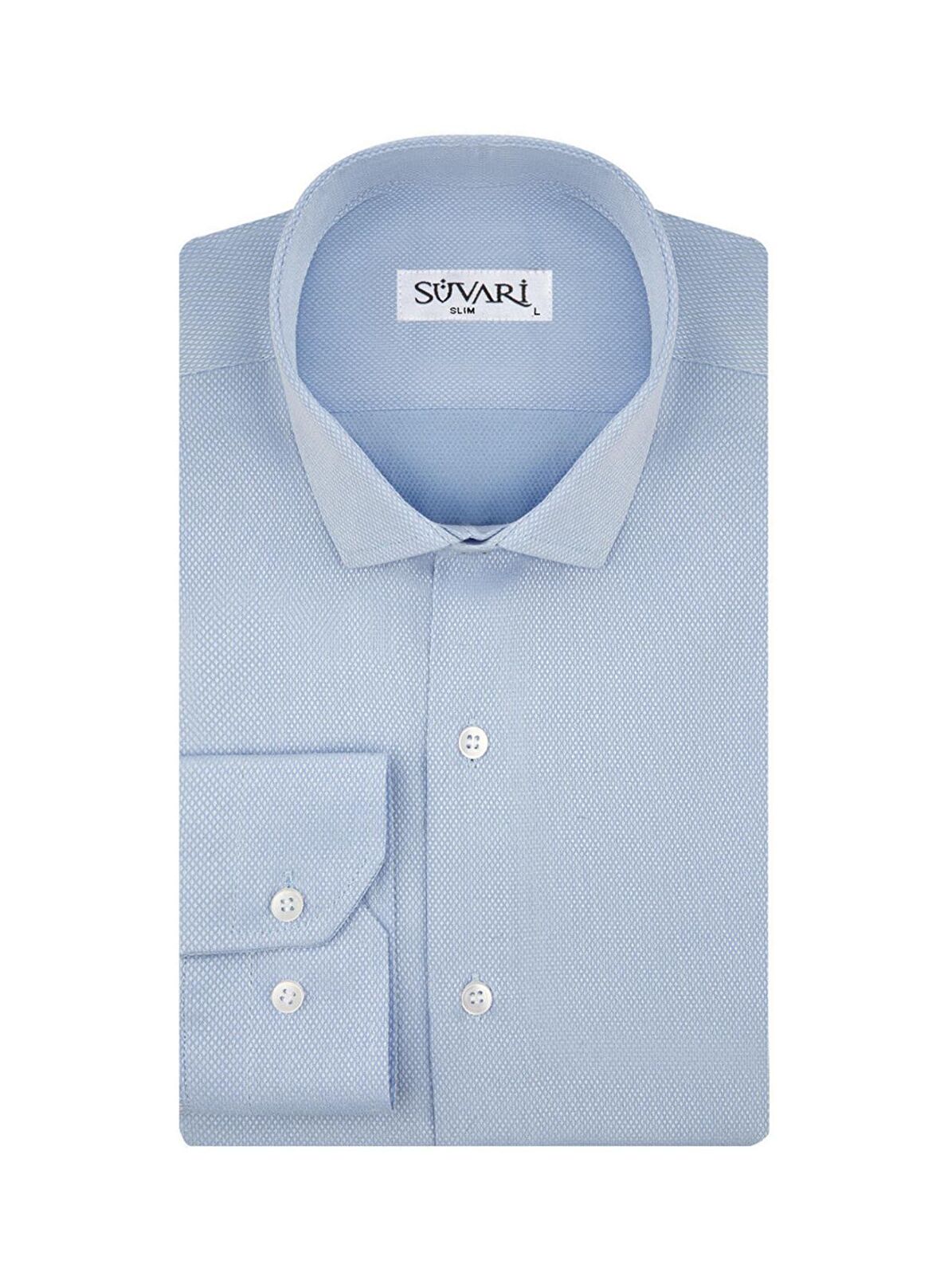 Süvari Slim Fit Armür Desenli Açık Mavi Erkek Gömlek