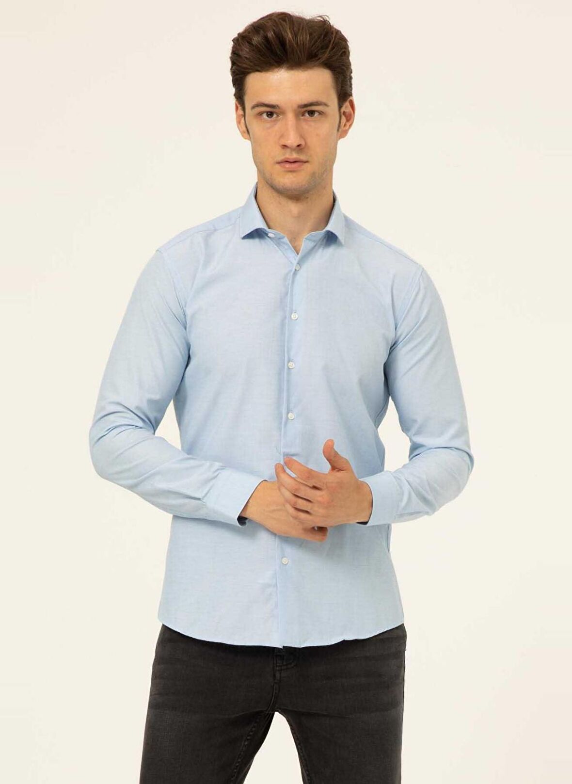 Süvari Slim Fit Klasik Yaka Düz Mavi - Buz Erkek Gömlek GM1007100482
