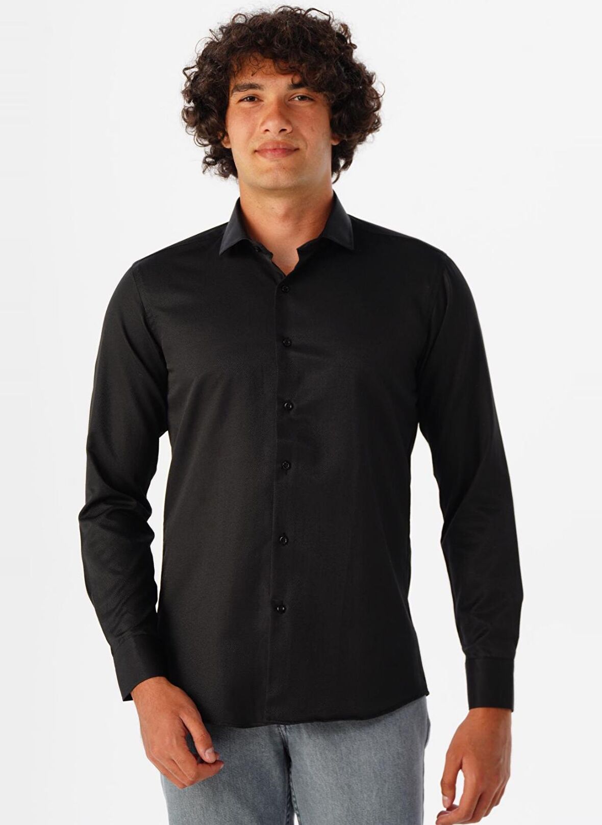 Süvari Klasik Yaka Armürlü Siyah Erkek Gömlek Gm2024700340