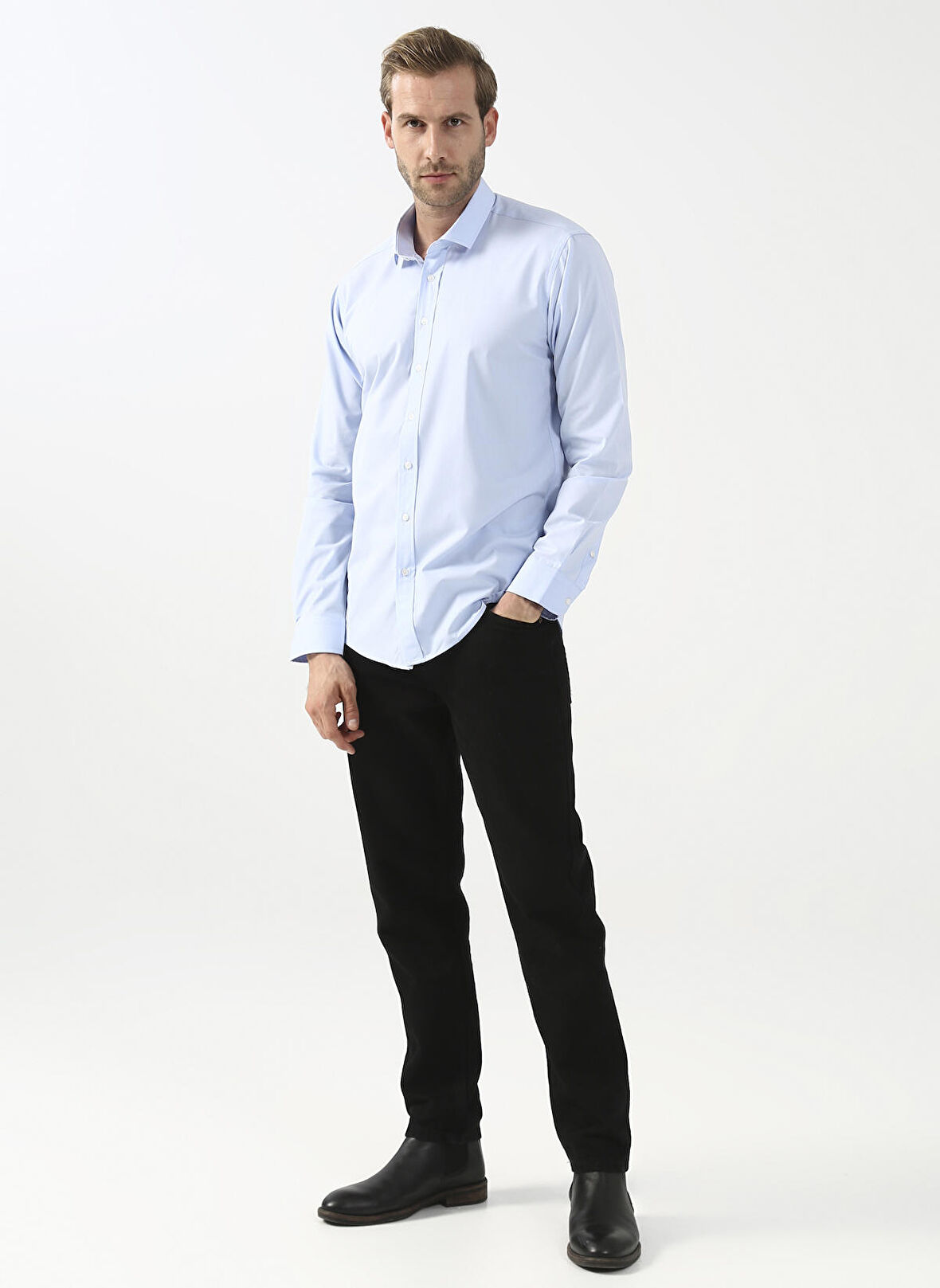 Süvari Slim Fit Klasik Yaka Düz Mavi Erkek Gömlek GM1007100494