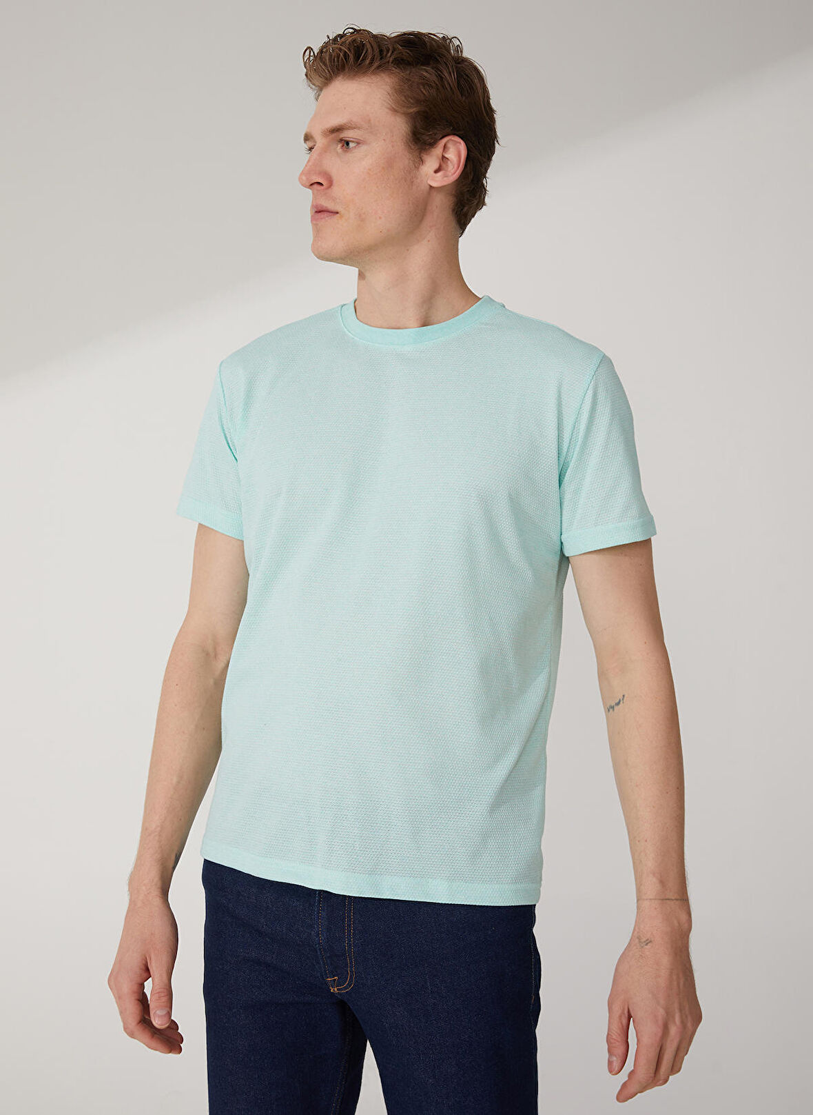 Süvari O Yaka Armürlü Su Yeşili Erkek T-Shirt TS1014000278