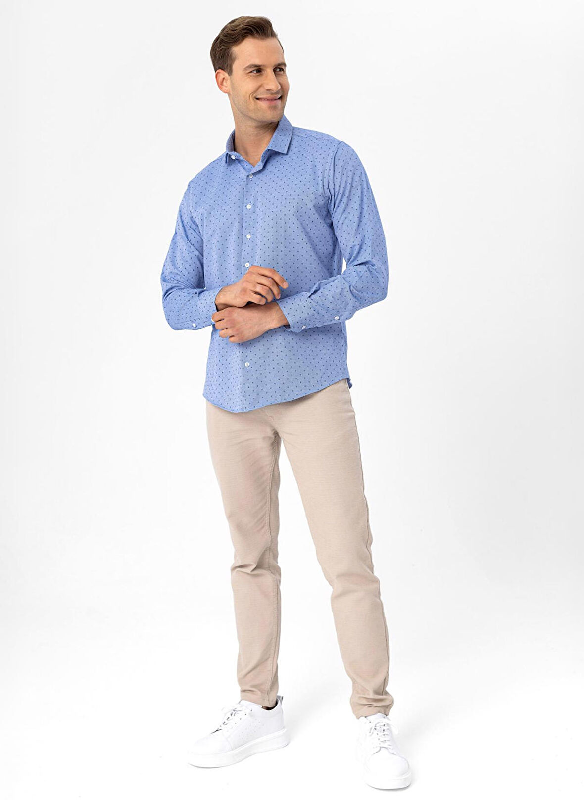 Süvari Slim Fit Klasik Yaka Baskılı Saks Erkek Gömlek GM2025500416