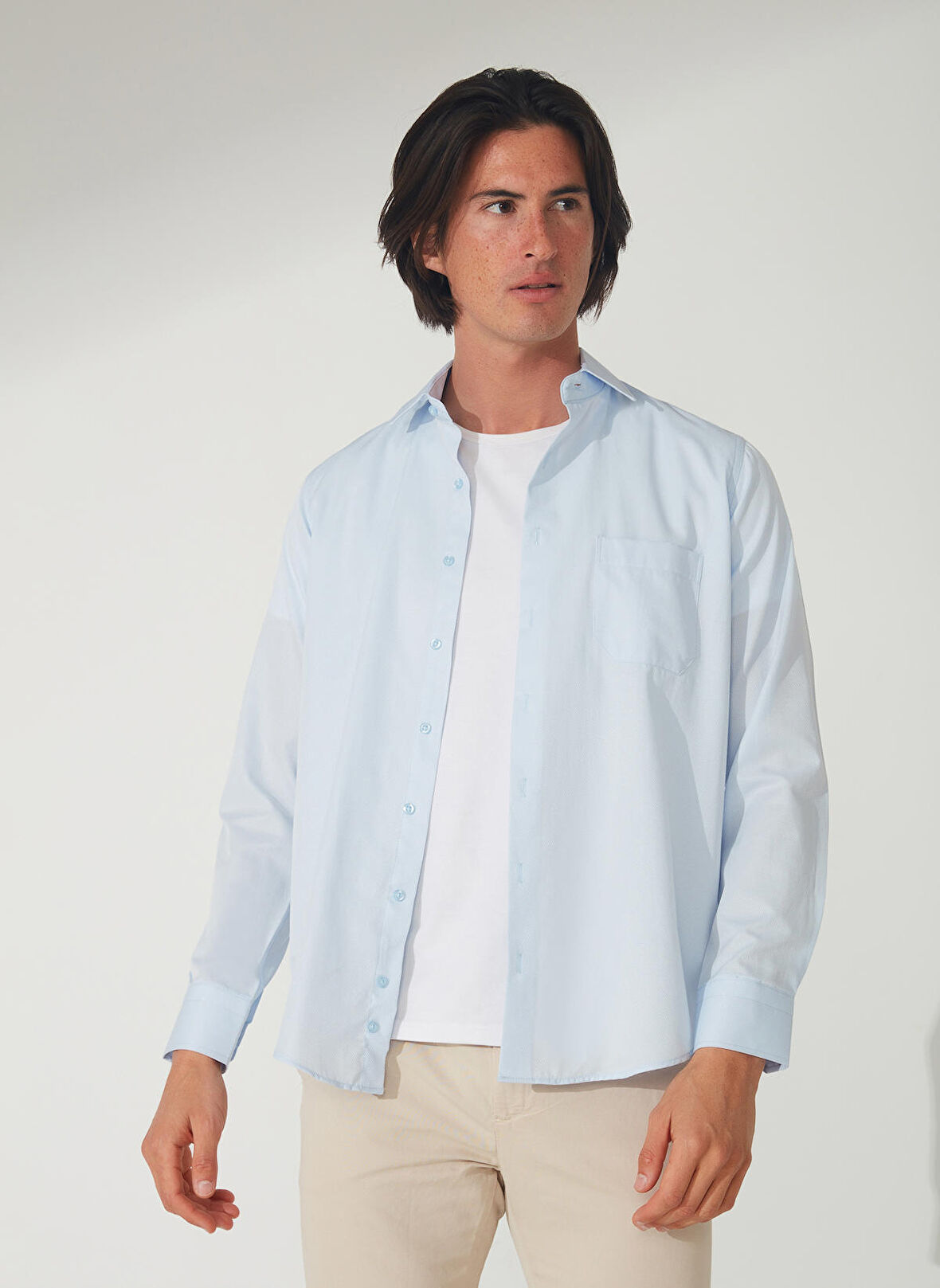 Süvari Regular Fit Klasik Yaka Armürlü Mavi - Buz Erkek Gömlek GM2025000265