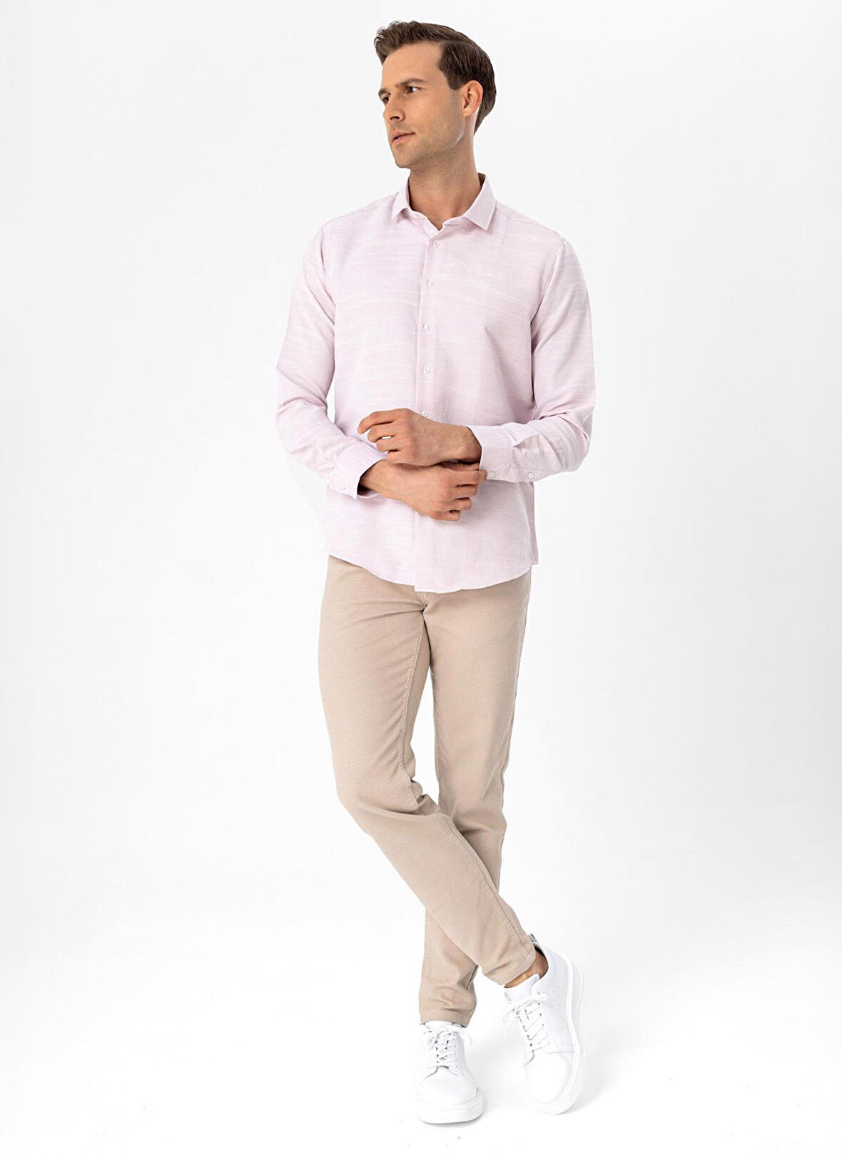 Süvari Slim Fit Klasik Yaka Armürlü Pembe Erkek Gömlek GM2024700402