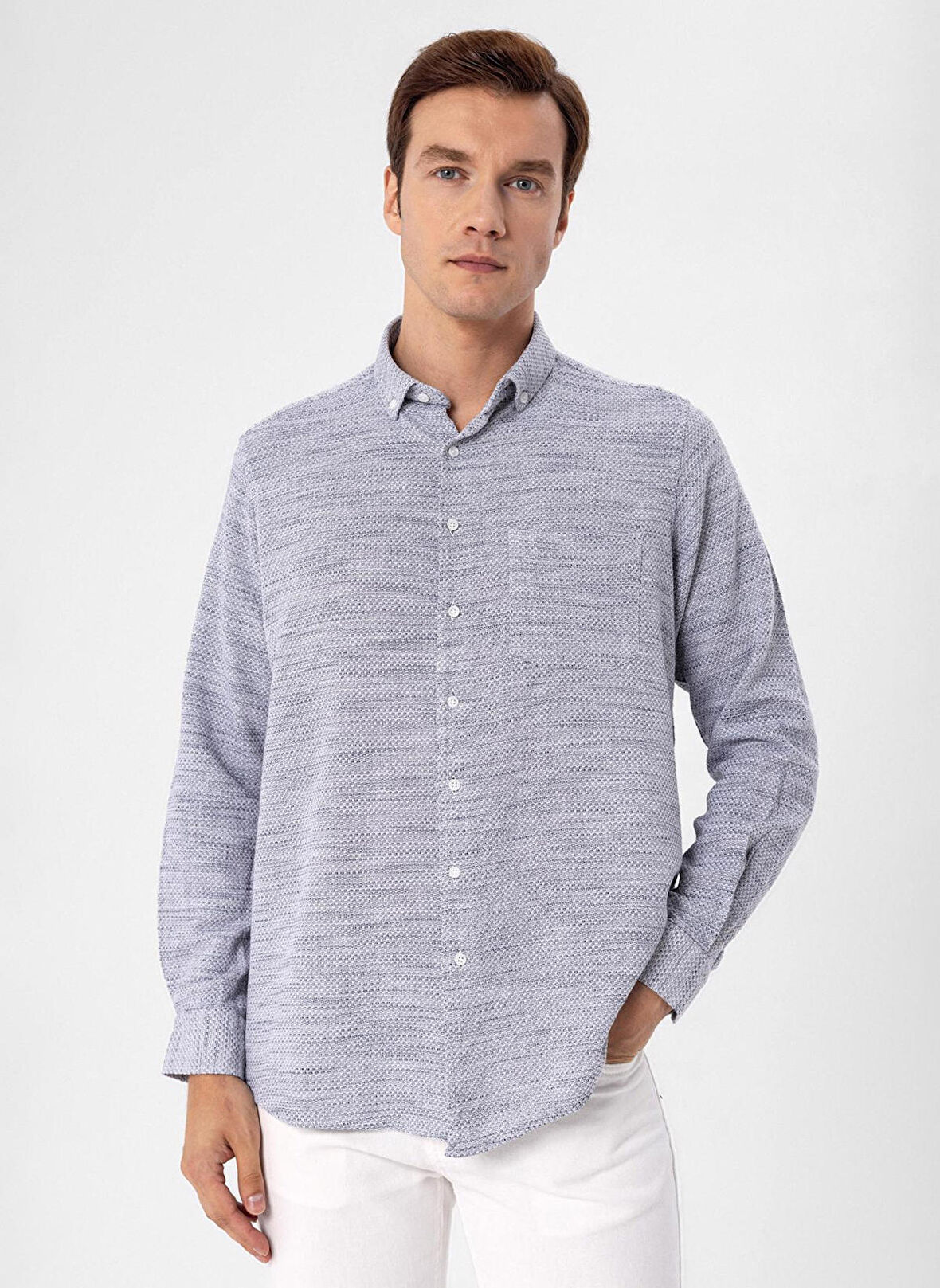 Süvari Regular Fit Düğmeli Yaka Düz Lacivert Erkek Gömlek Gm1008300078