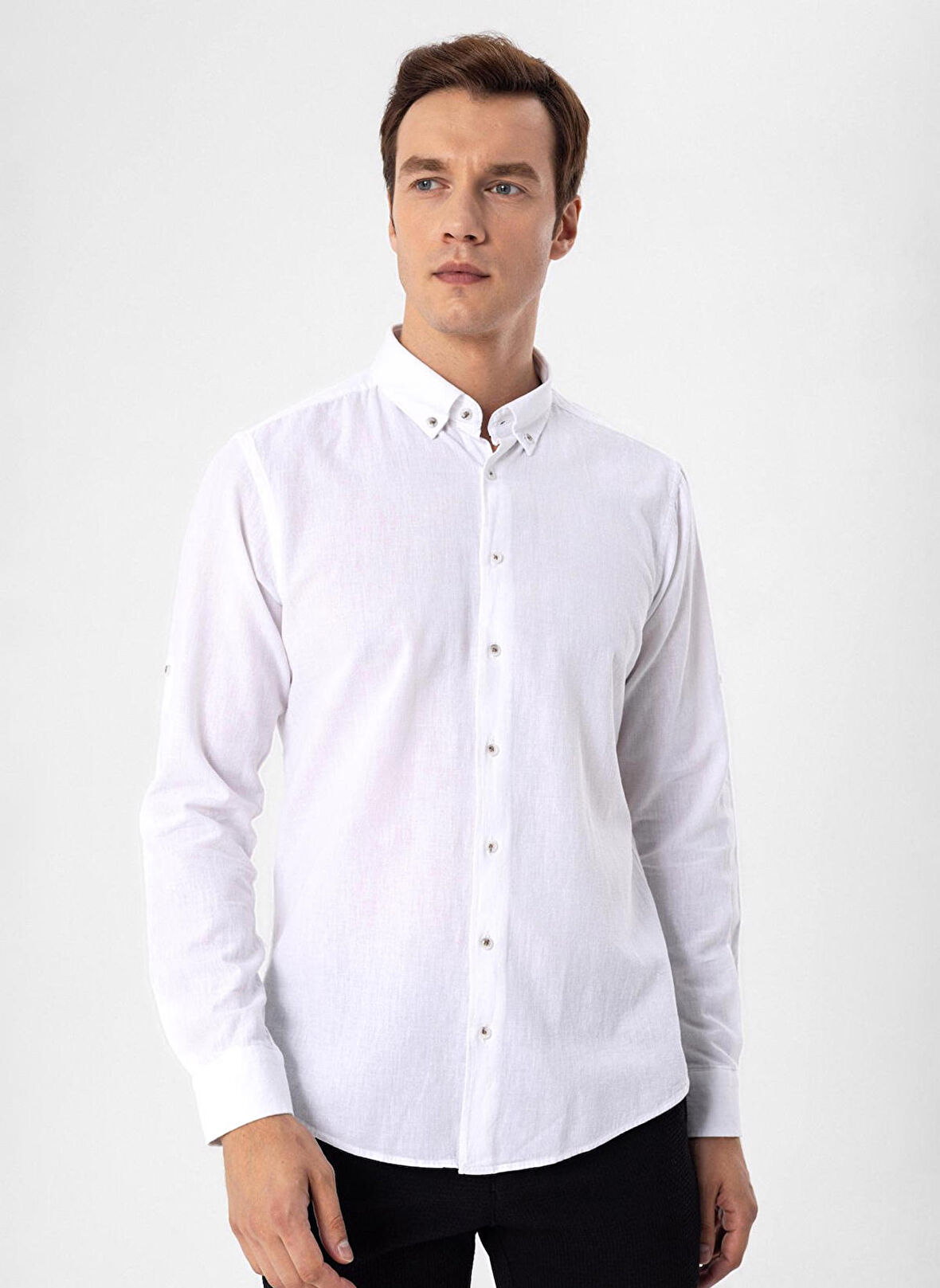 Süvari Slim Fit Düğmeli Yaka Düz Beyaz Erkek Gömlek GM1008400245