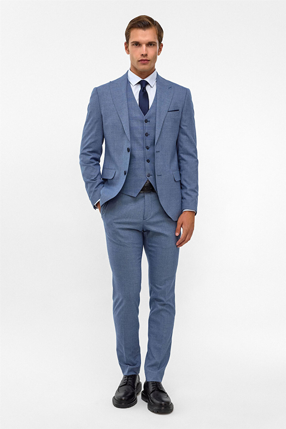 Buz Mavi Slim Armürlü Sivri Yaka 6 Drop Takım Elbise