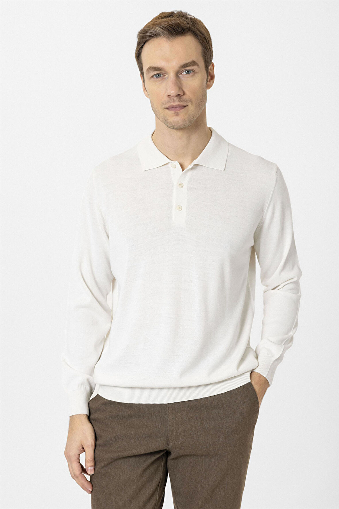 Ekru Regular Düz Polo Yaka Triko