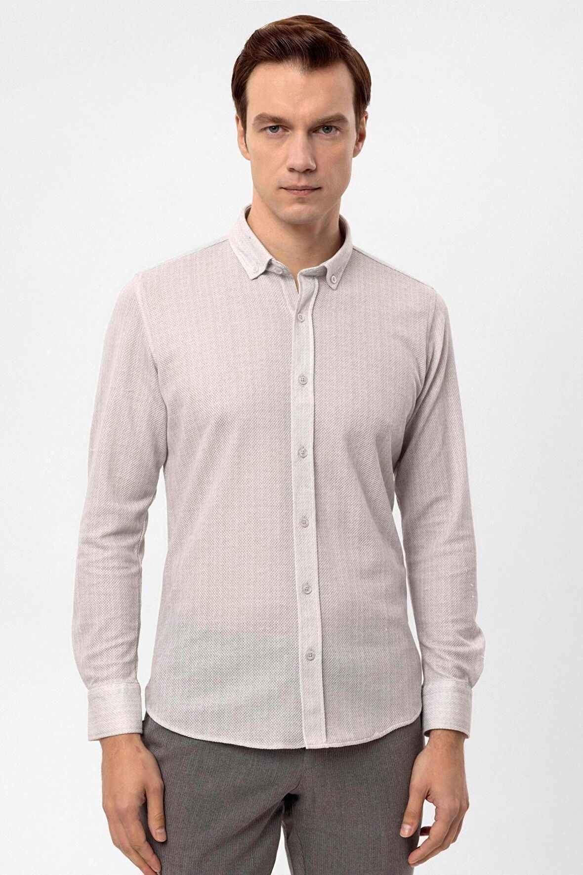 Süvari Manşetli Slim Kalıp Armürlü Gömlek