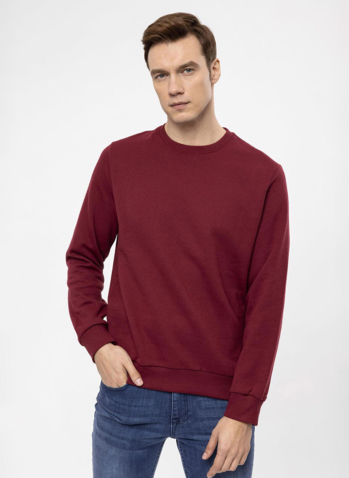 Süvari O Yaka Regular Fit Düz Koyu Bordo Erkek Kazak TR2013700363