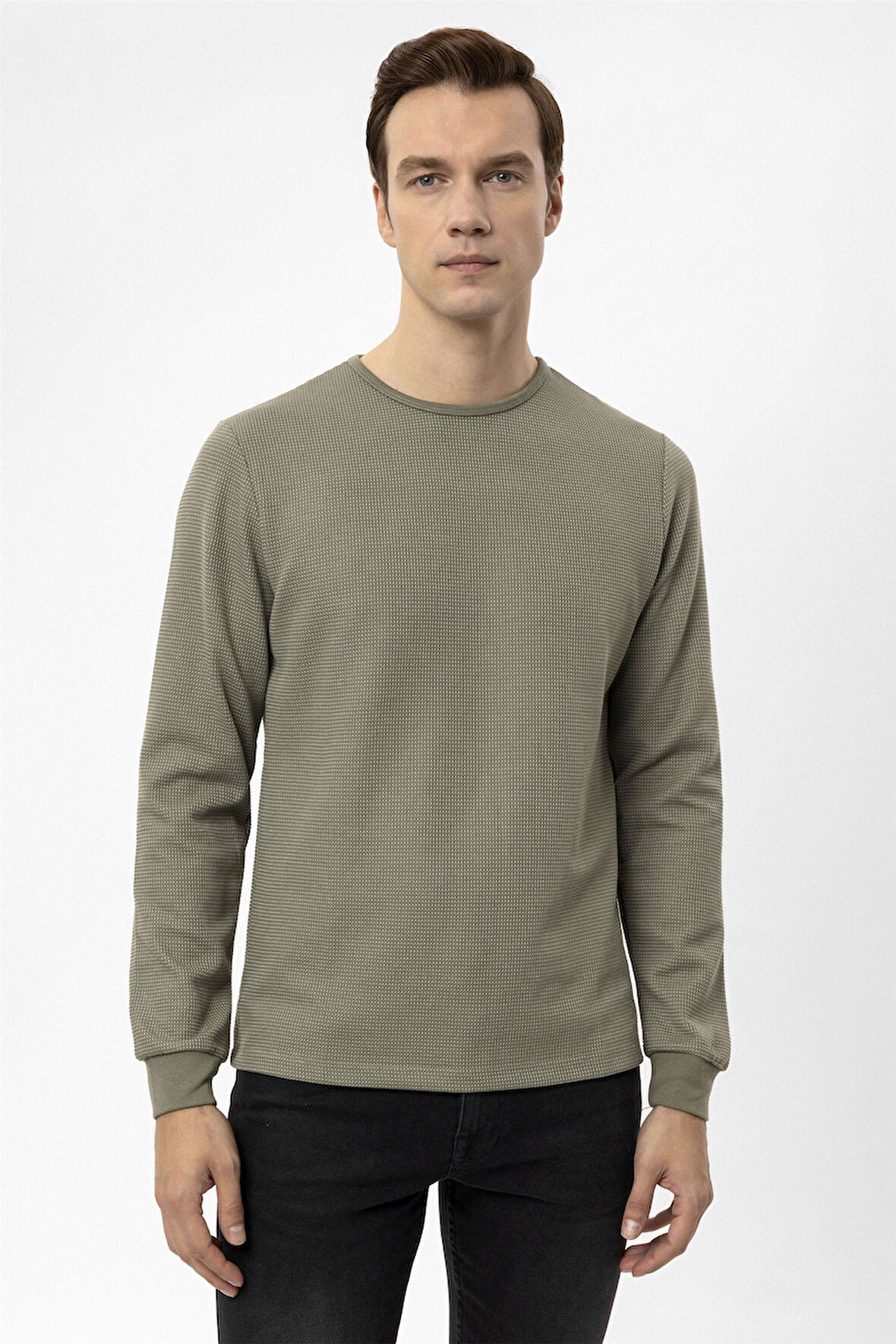 Haki Slim Fit Armürlü Bisiklet Yaka Sweatshirt