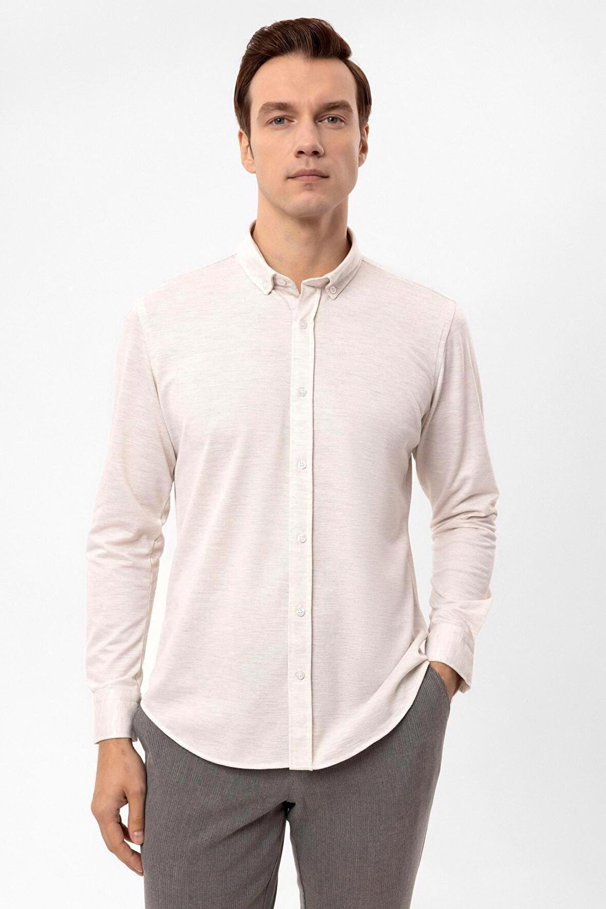 Manşetli Slim Kalıp Armürlü Gömlek GM202d5500434