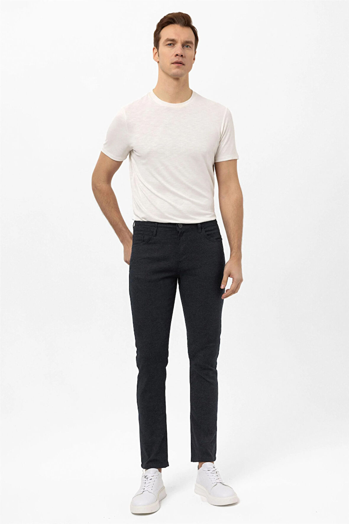 Lacivert Slim Fit 5 Cep Kalıp Armürlü Kanvas Pantolon
