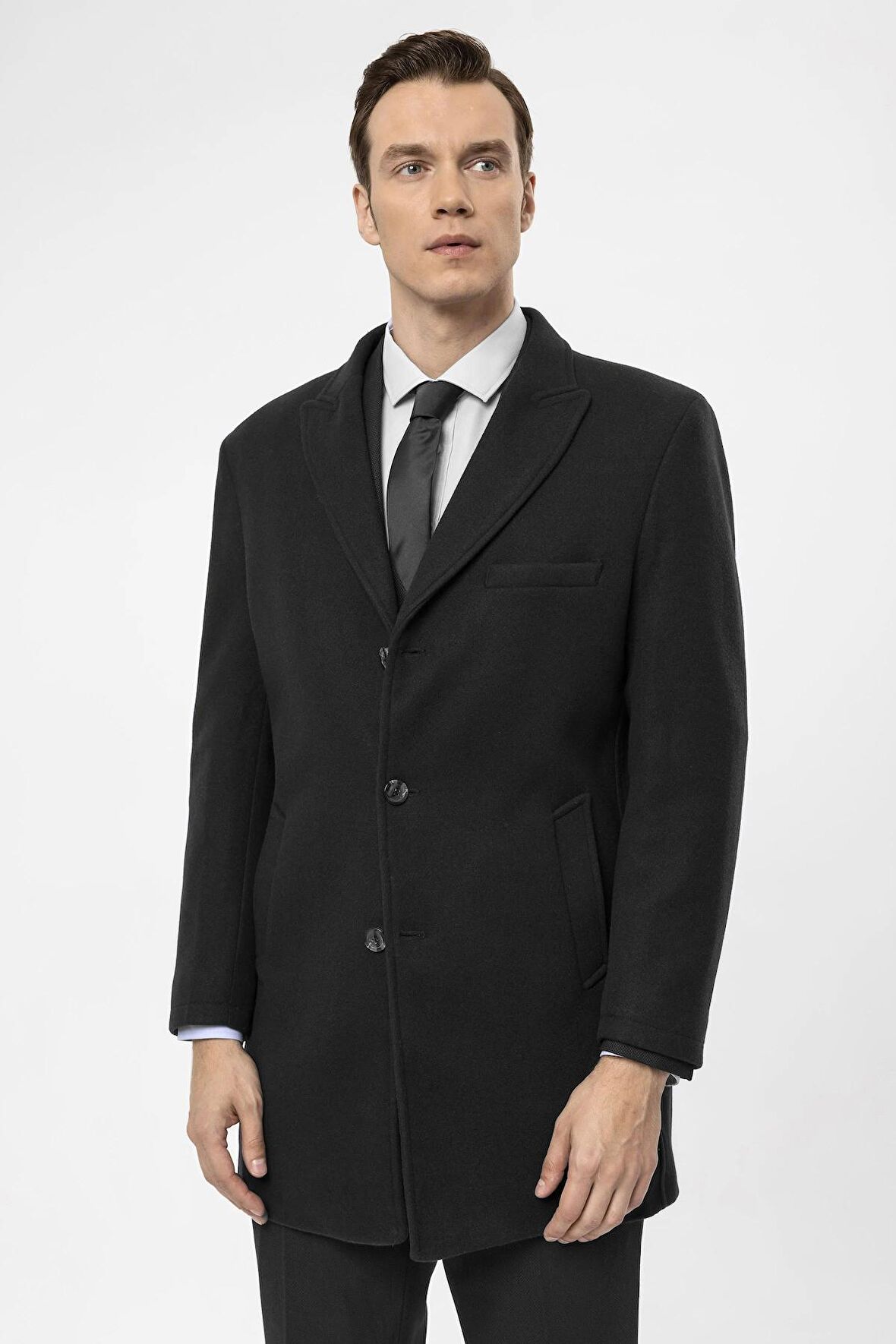 Süvari Slim Fit Yünlü Sivri Yaka Antrasit Erkek Kaban