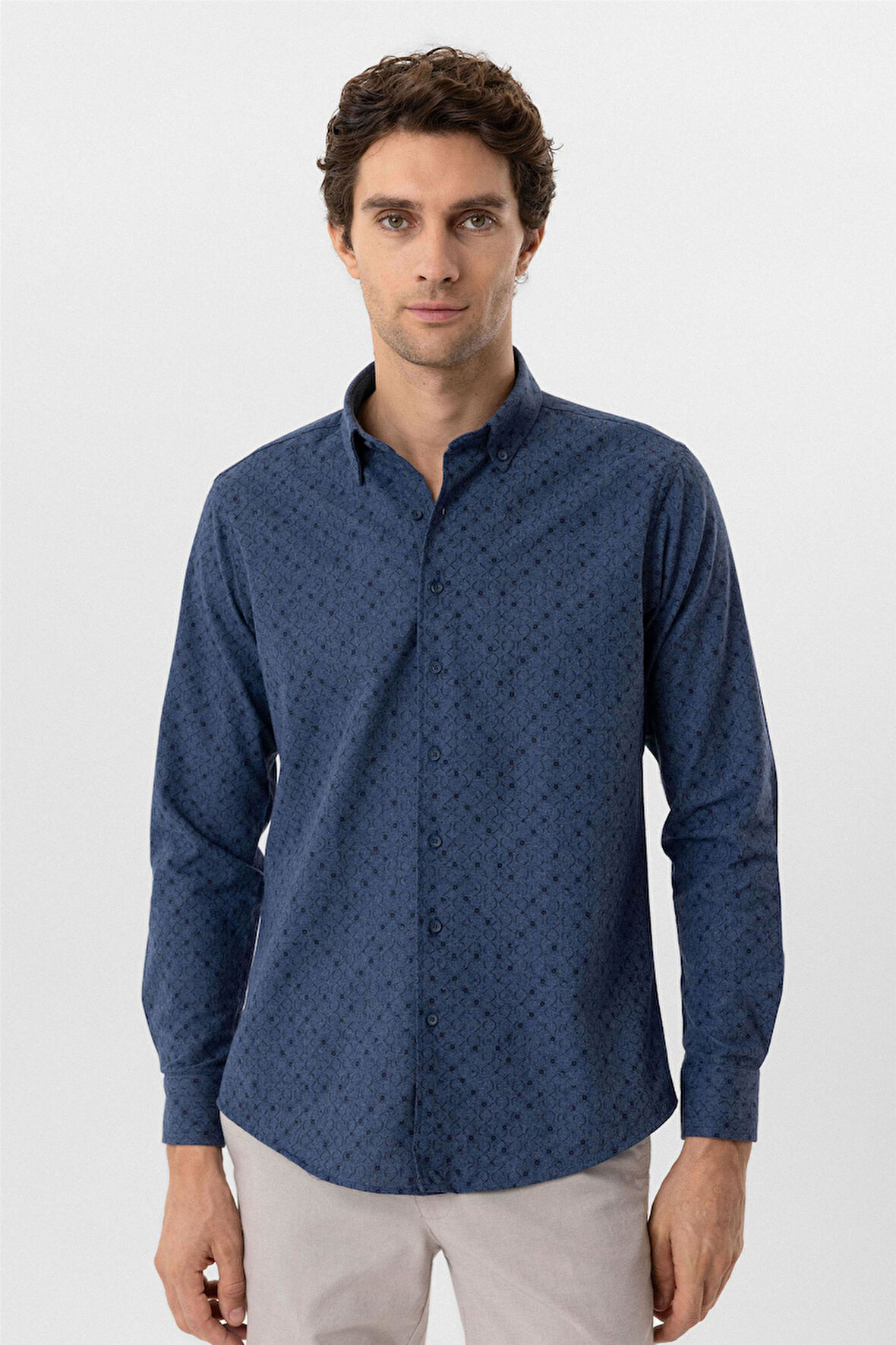 Lacivert Slim Fit Düz Düğmeli Yaka Gömlek