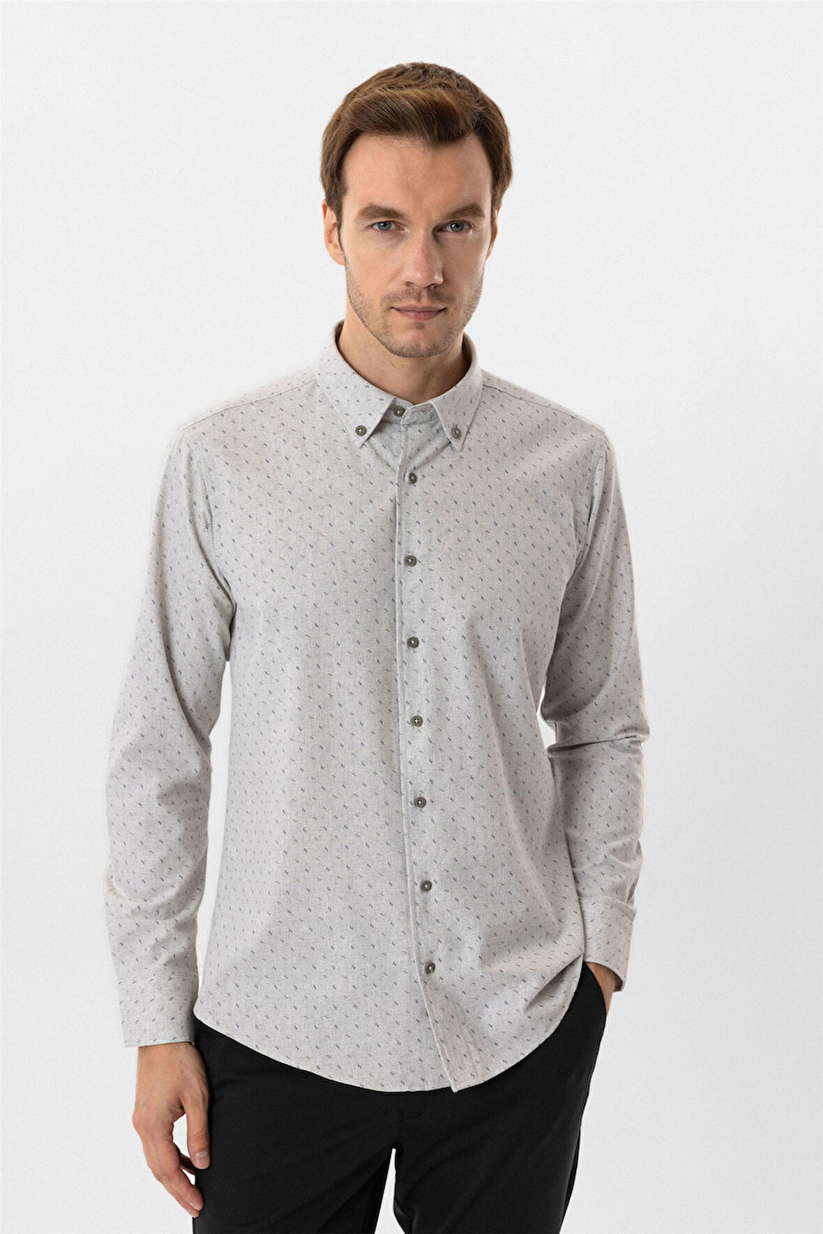 Gri Slim Fit Düz Düğmeli Yaka Gömlek