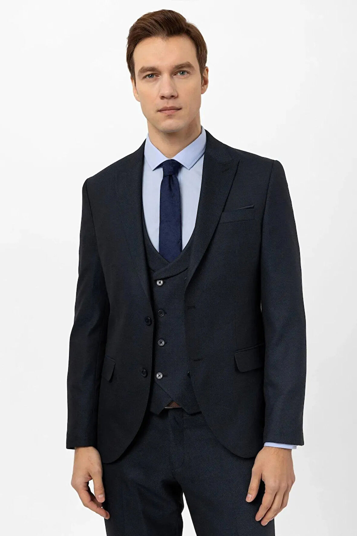 Slimfit Armürlü Yelekli Takım Elbise