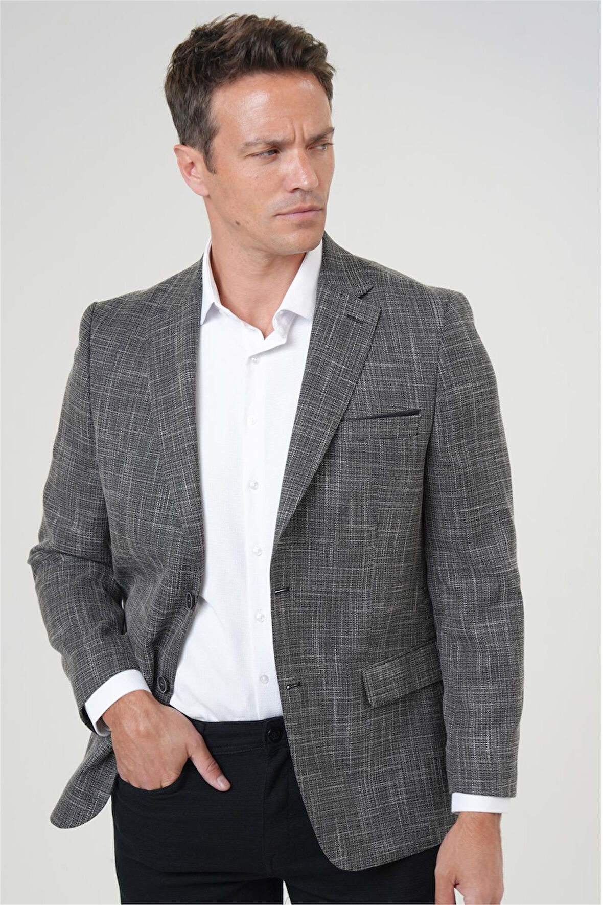 Siyah Regular Fit Desenli Mono Yaka 4 Drop Ceket