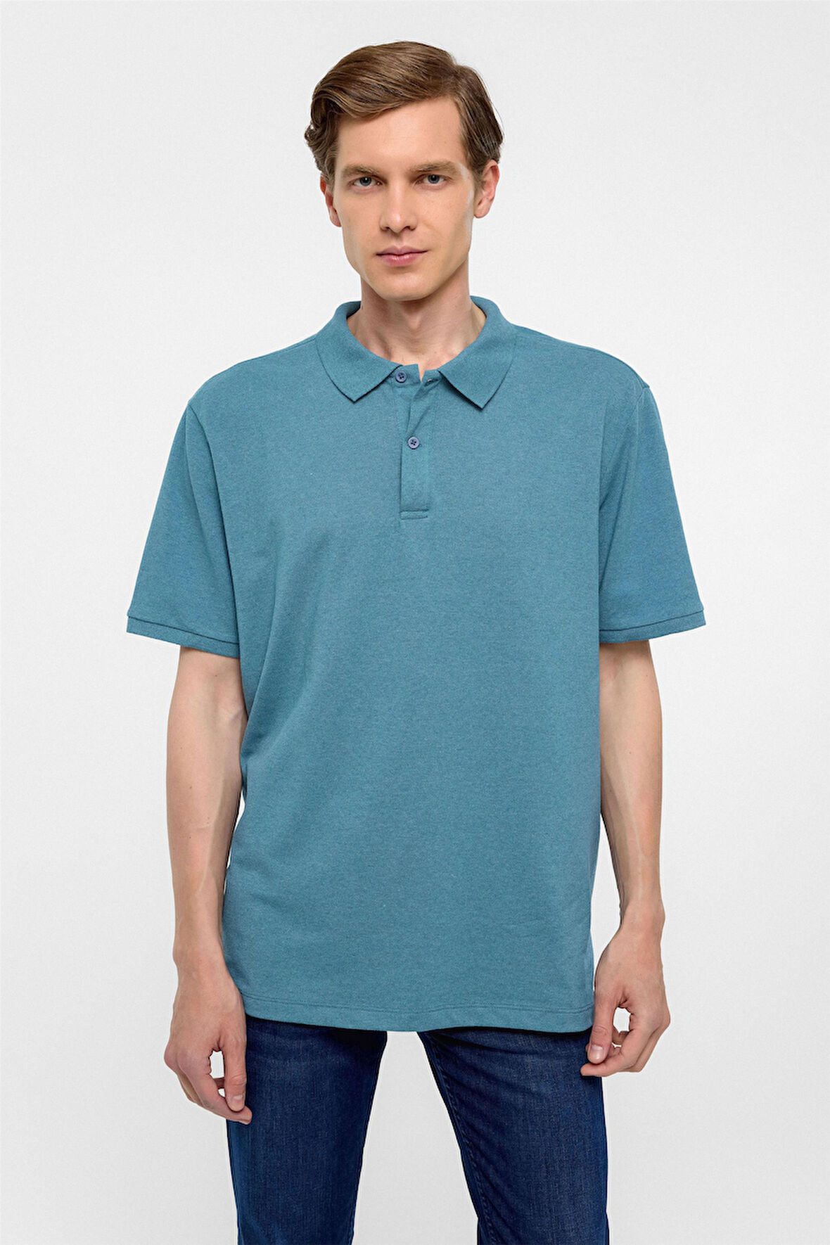Saks Mavi Regular Armürlü Polo Yaka Tişört