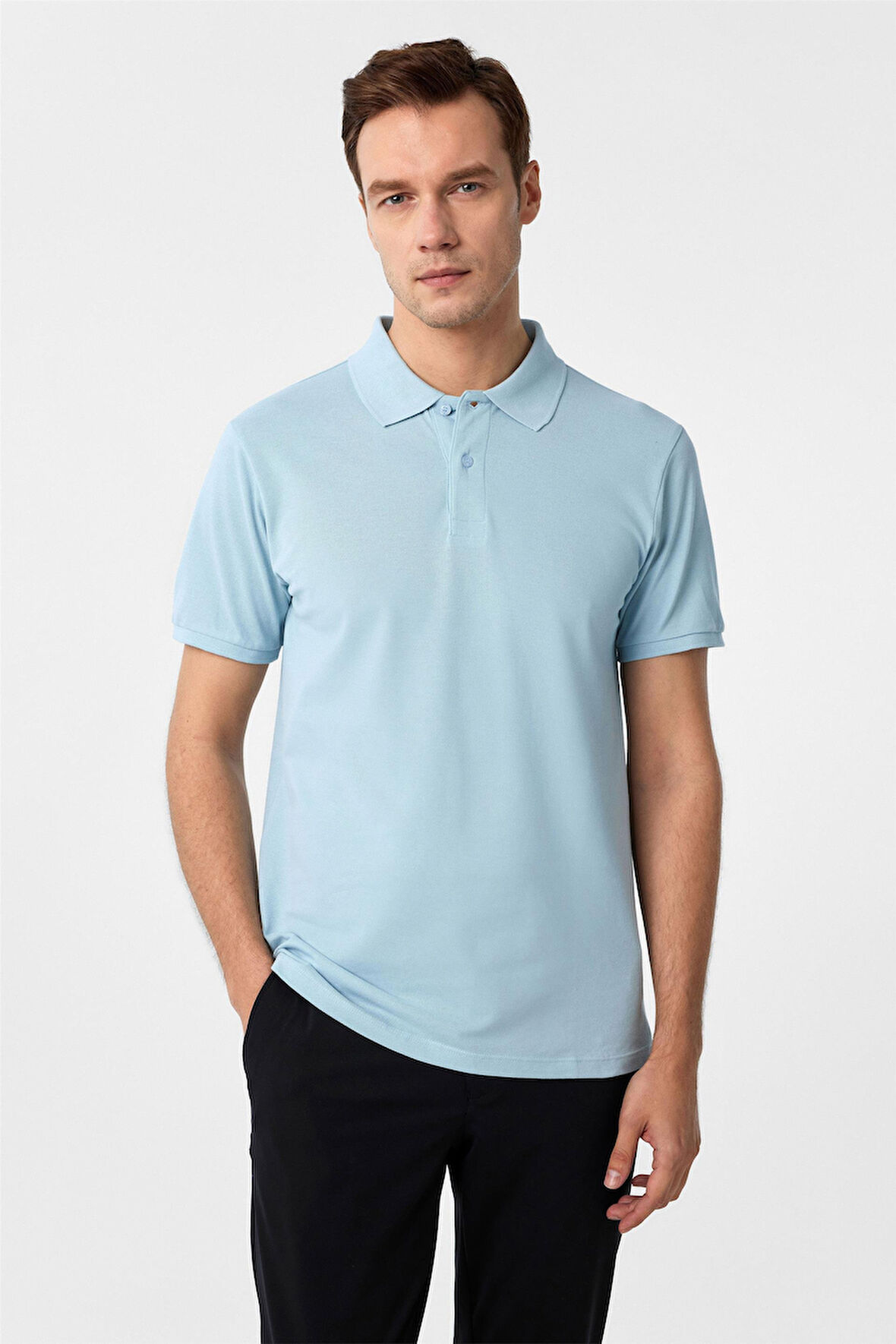 Buz Mavi Slim Fit Armürlü Polo Yaka Tişört