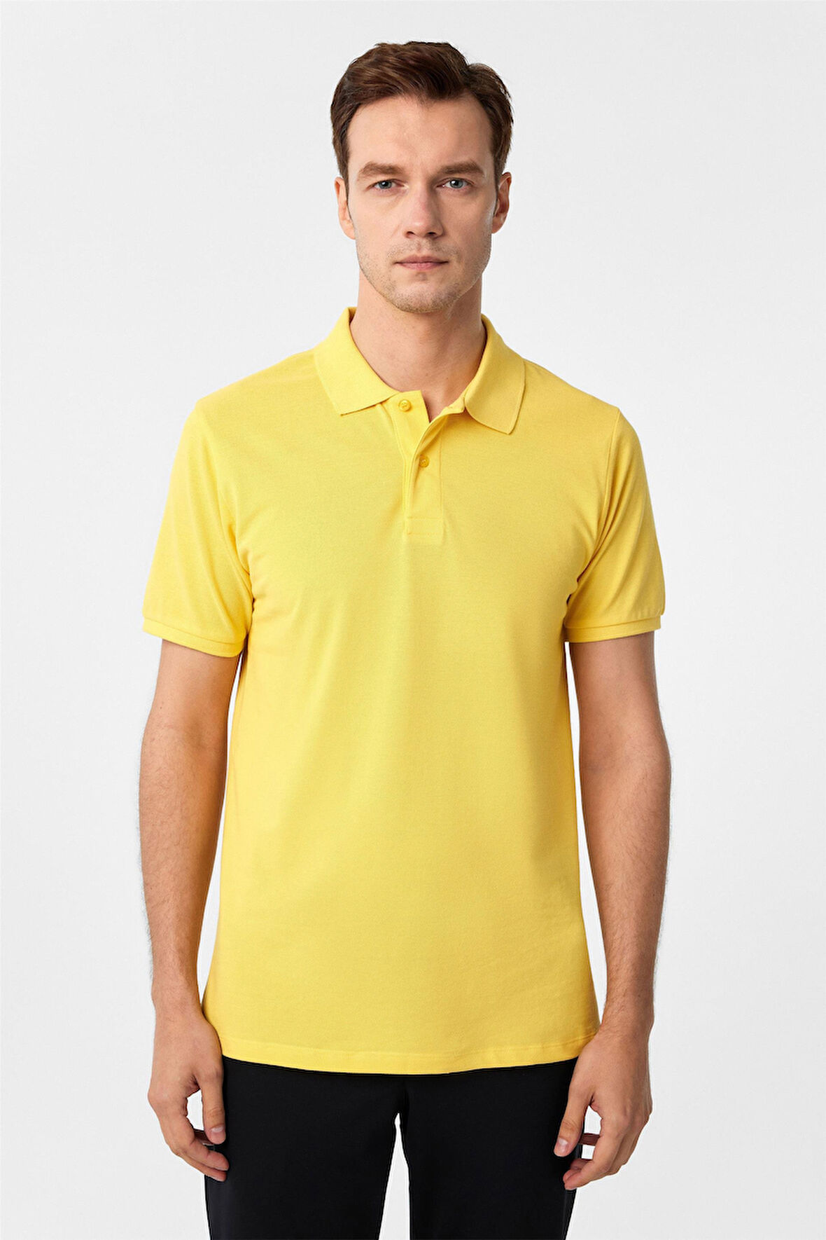 Sarı Slim Fit Armürlü Polo Yaka Tişört