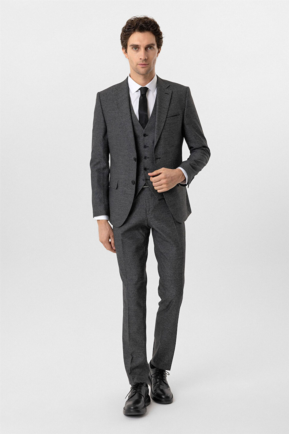 Siyah Slim Fit Desenli Mono Yaka 6 Drop Yelekli Klasik Takım Elbise