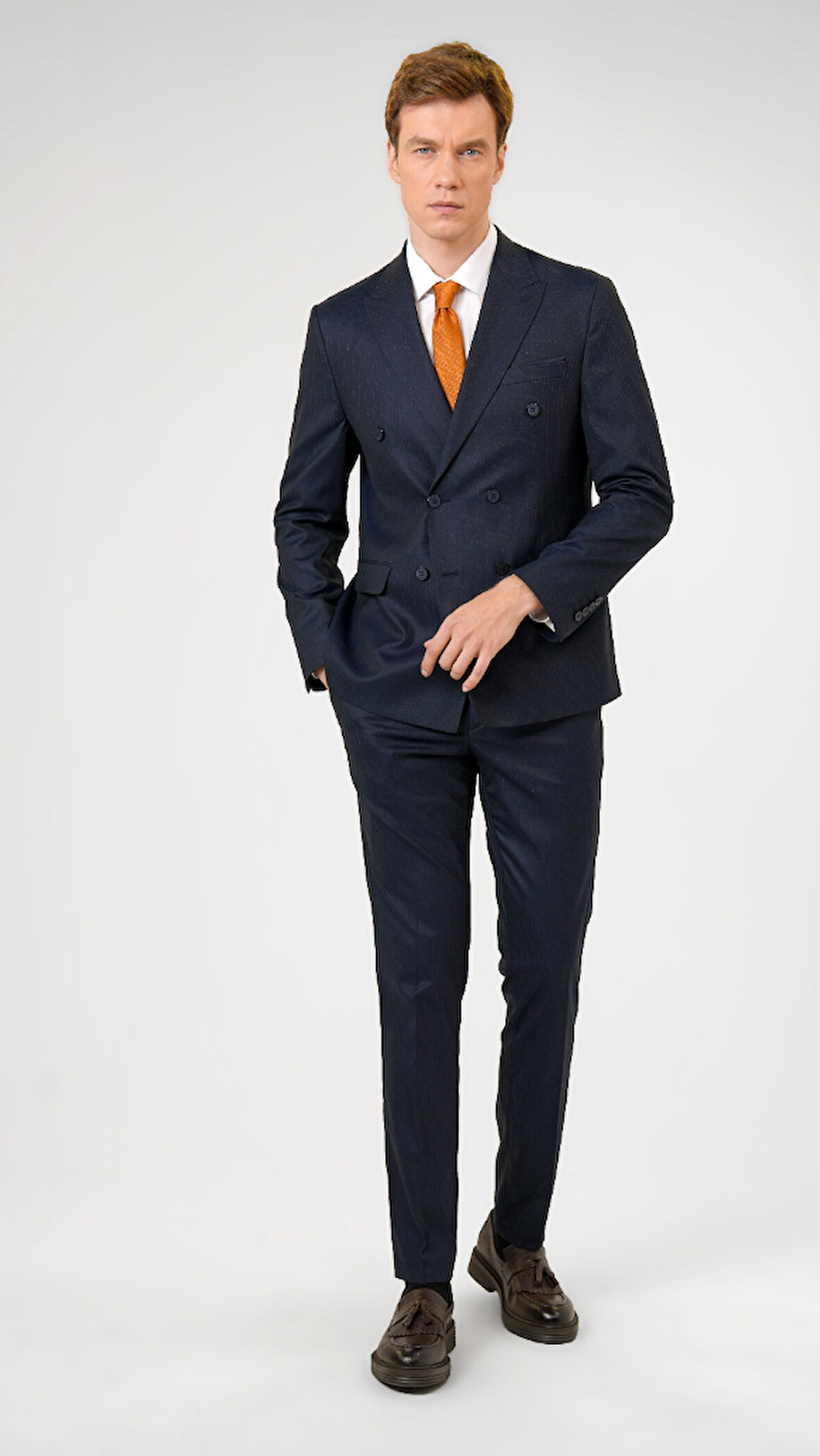 Lacivert Slim Fit Desenli Sivri Yaka 6 Drop Klasik Takım Elbise