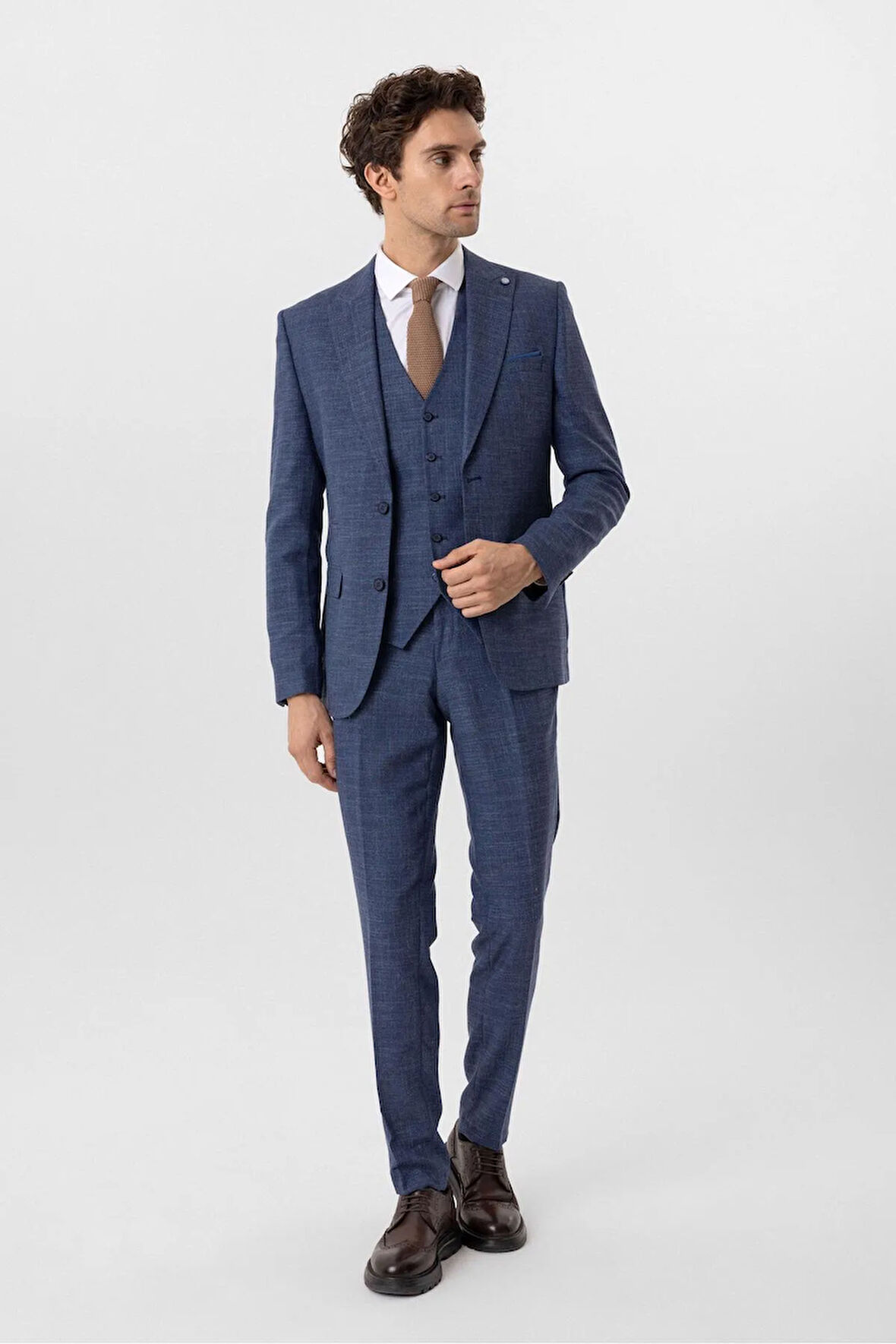Slimfit Desenli Yelekli Takım Elbise