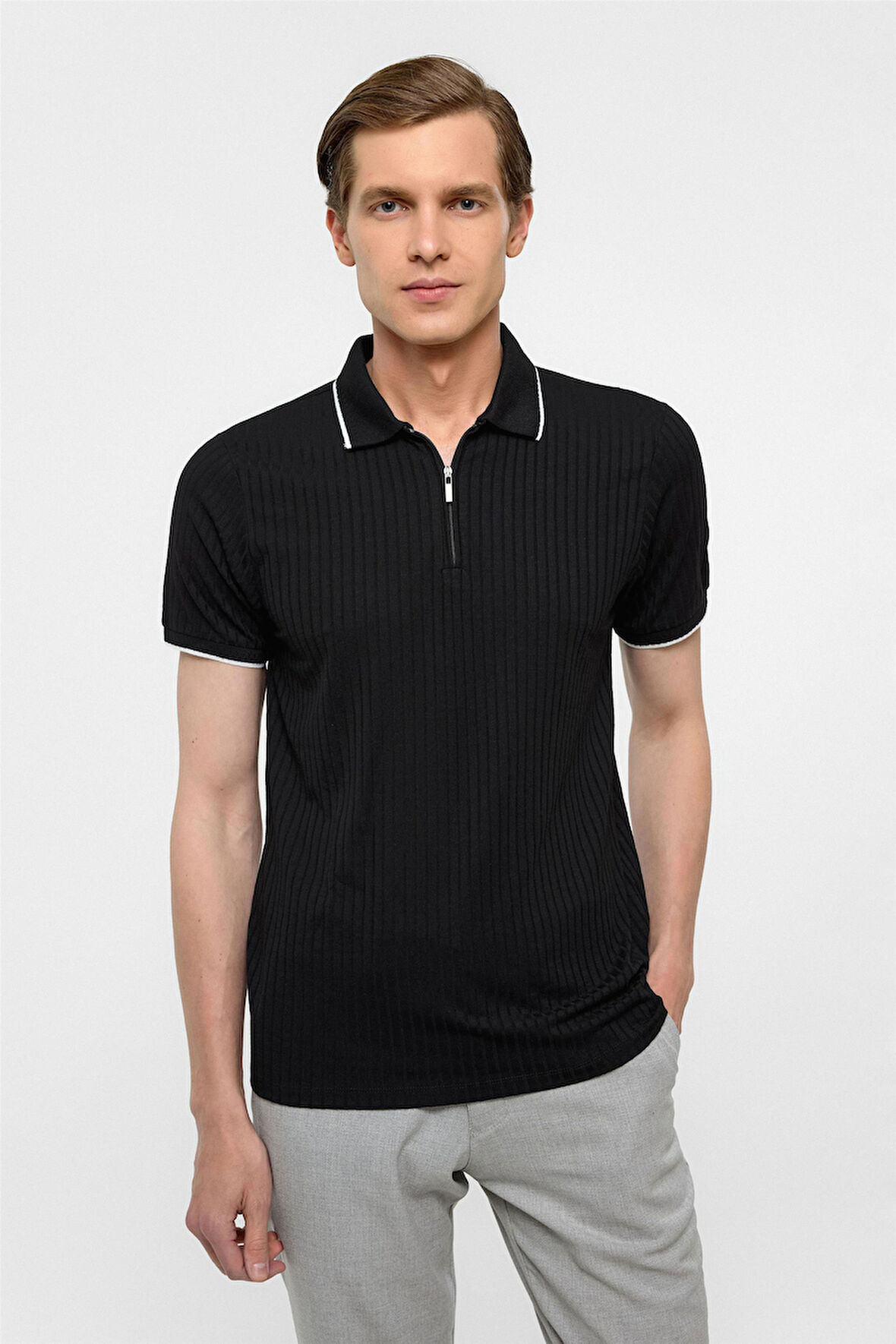 Siyah Slim Fitilli Polo Yaka Tişört