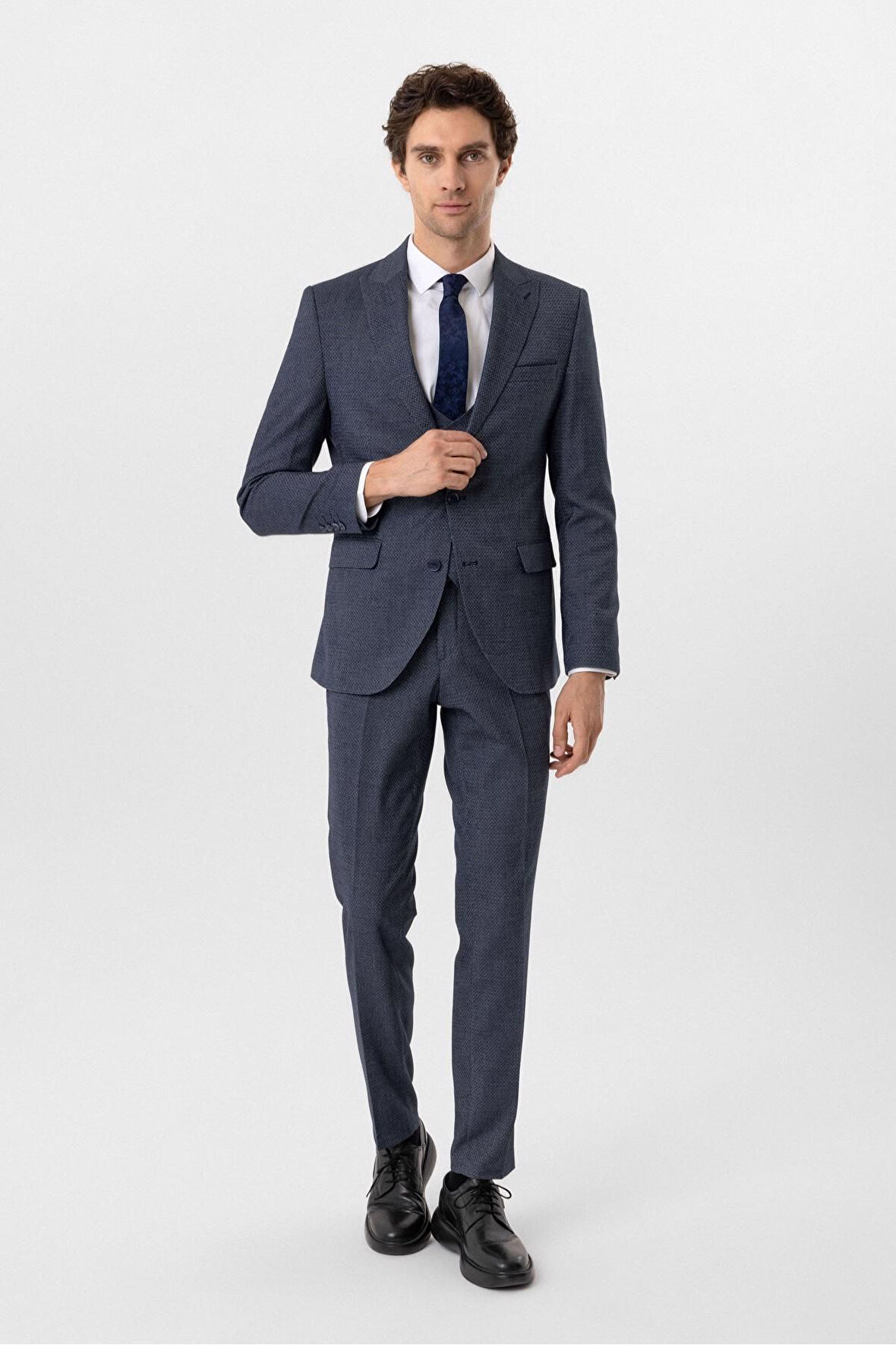 Slimfit Desenli Yelekli Takım Elbise