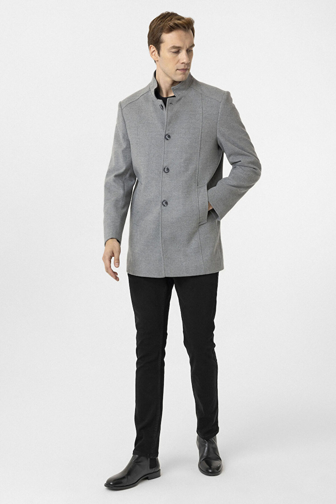 Süvari Dar Kesim Hakim Yaka Gri Erkek Kaban