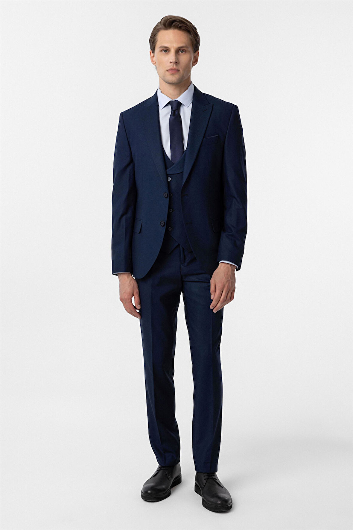 Lacivert Slim Fit Armürlü Sivri Yaka 6 Drop Yelekli Klasik Takım Elbise