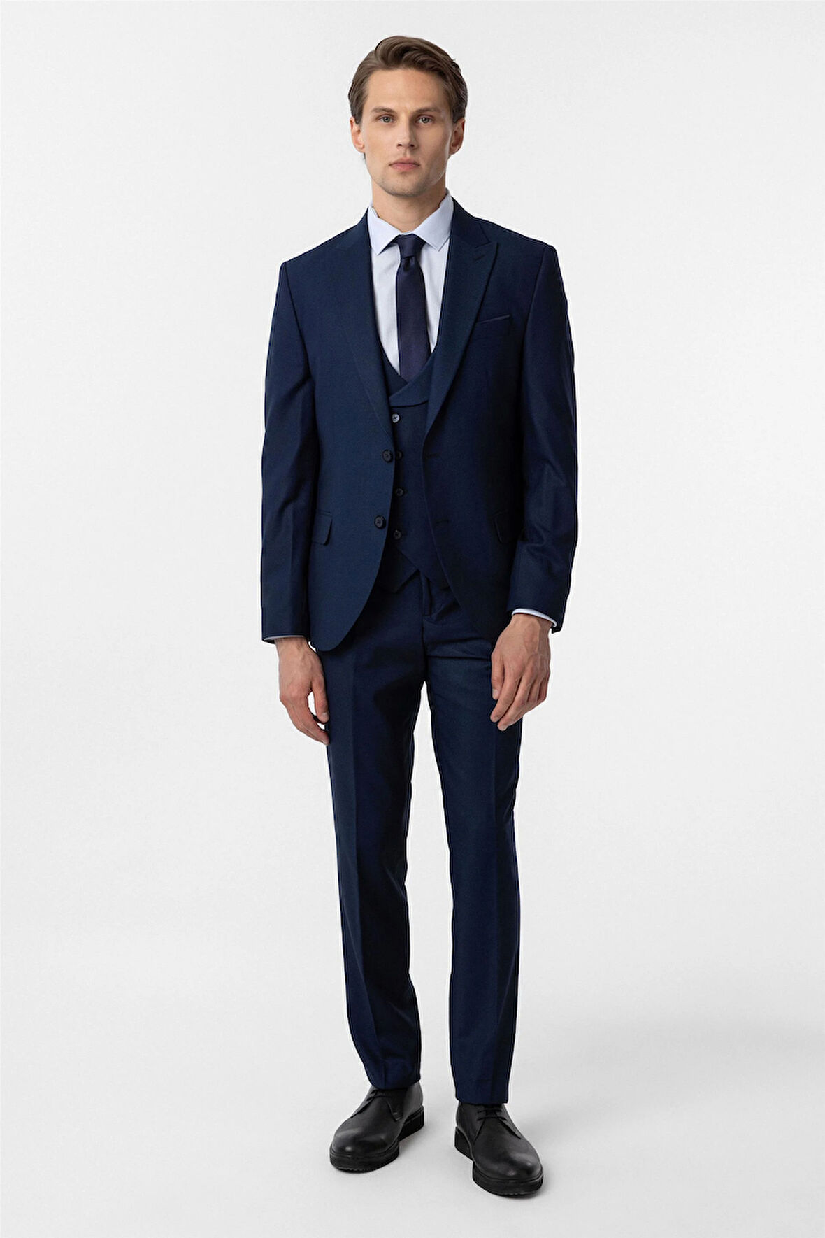 Lacivert Slim Fit Armürlü Sivri Yaka 6 Drop Yelekli Klasik Takım Elbise