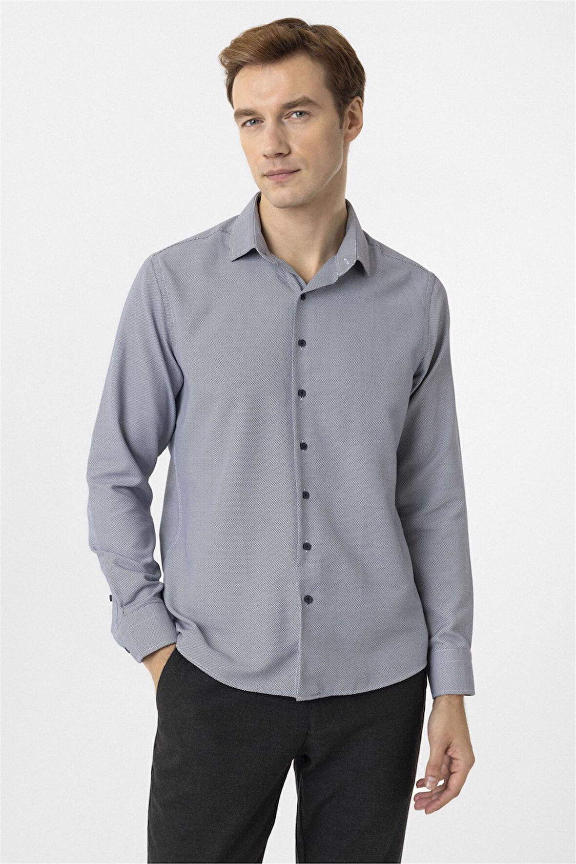 Lacivert Slim Fit Armürlü Klasik Yaka Gömlek