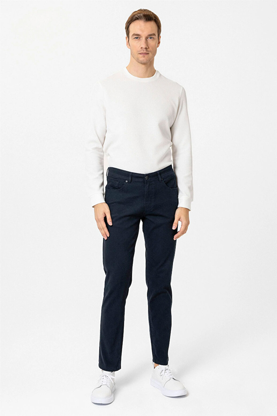 Lacivert Slim Fit Düz Kanvas Pantolon