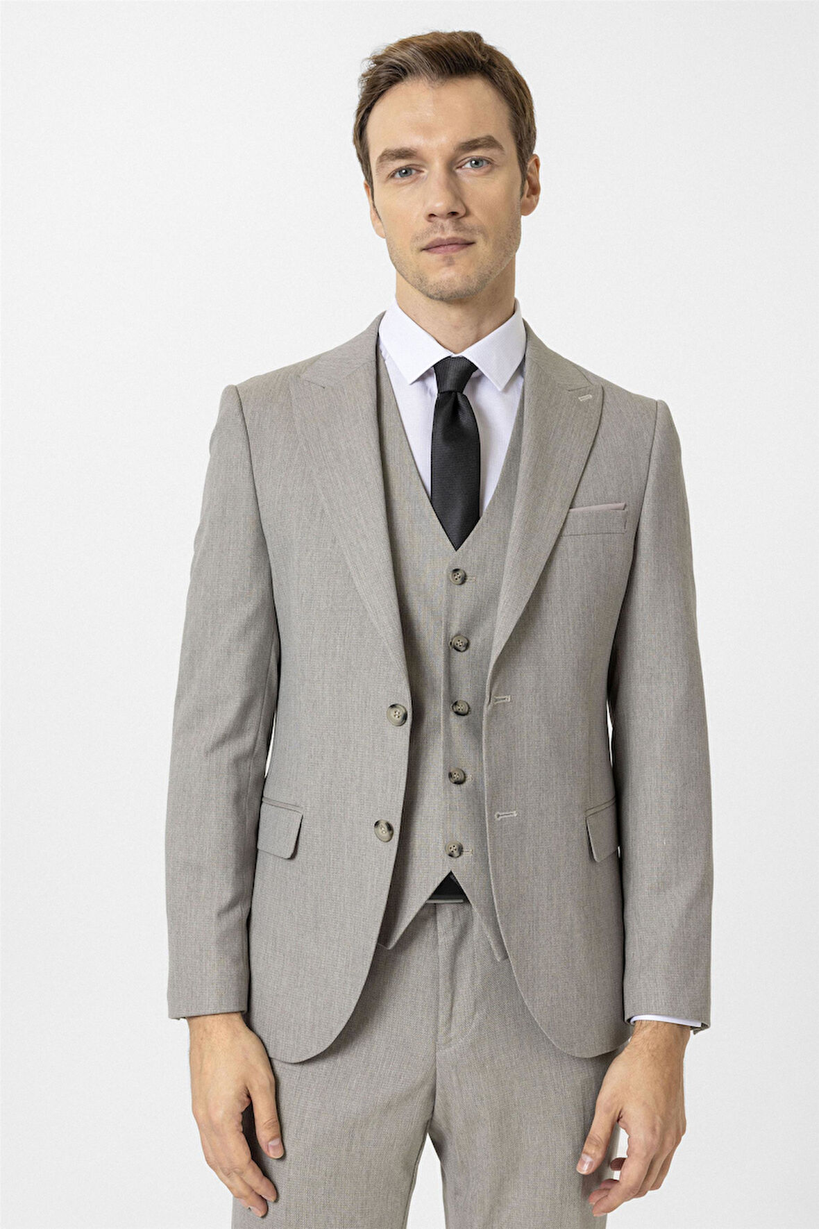 Ekru Slim Fit Desenli Sivri Yaka 6 Drop Yelekli Klasik Takım Elbise