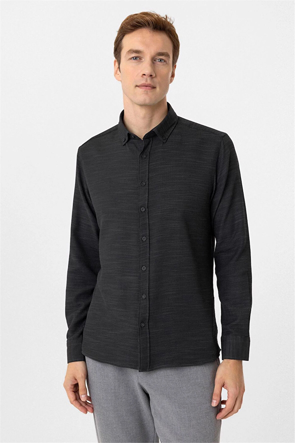 Siyah Slim Fit Desenli Düğmeli Yaka Gömlek