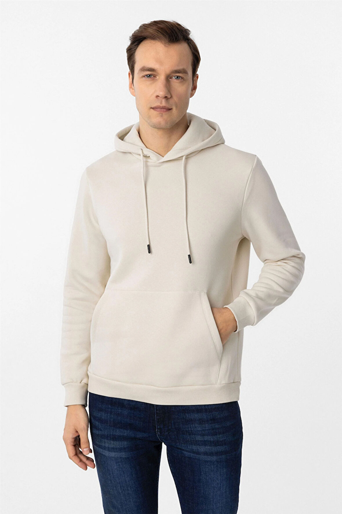 Bej Regular Düz Kapüşonlu Yaka Sweatshirt