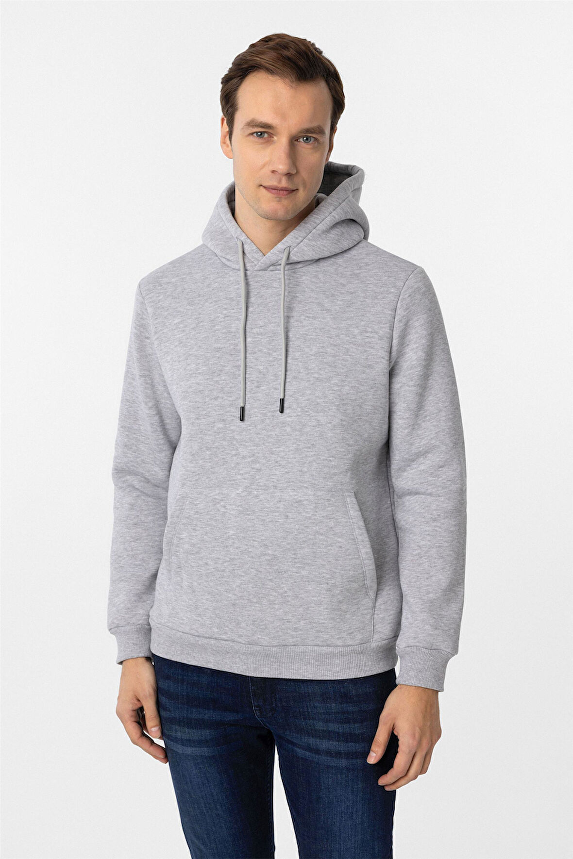 Gri Regular Düz Kapüşonlu Yaka Sweatshirt